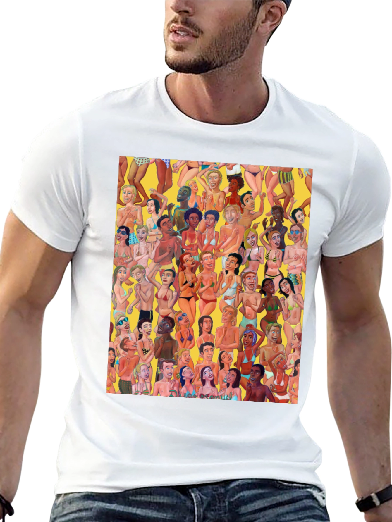 Beach Crowd Graphic Tee - Black Cotton T-Shirt