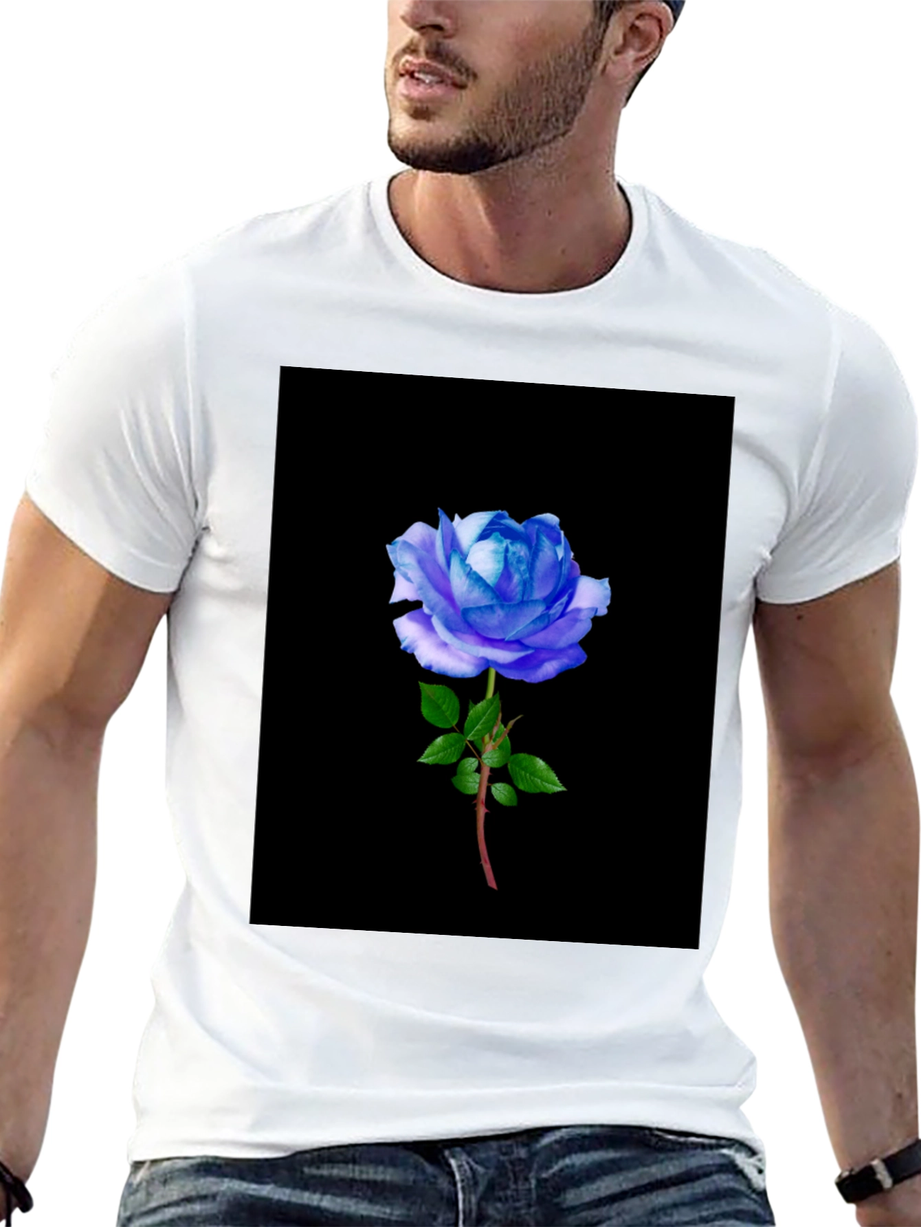 Black T-Shirt with Blue Rose Graphic