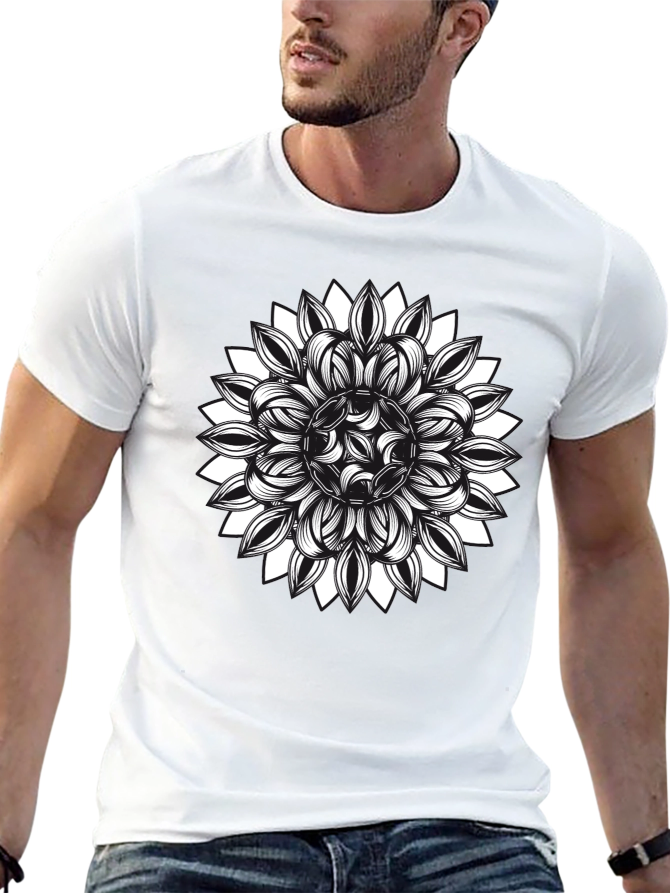Black T-Shirt with Floral Mandala Graphic