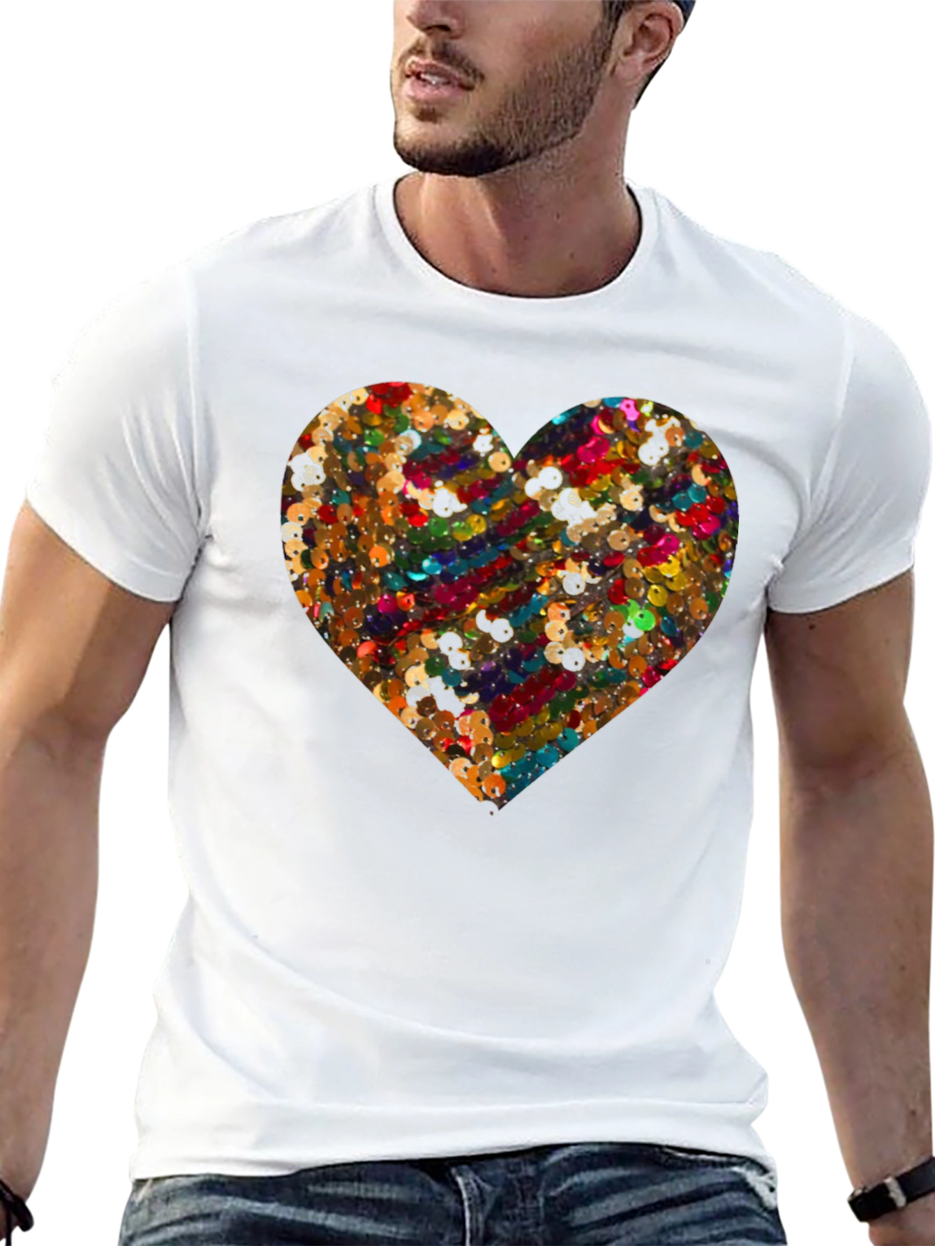 Heart Sequin Pattern Black T-Shirt