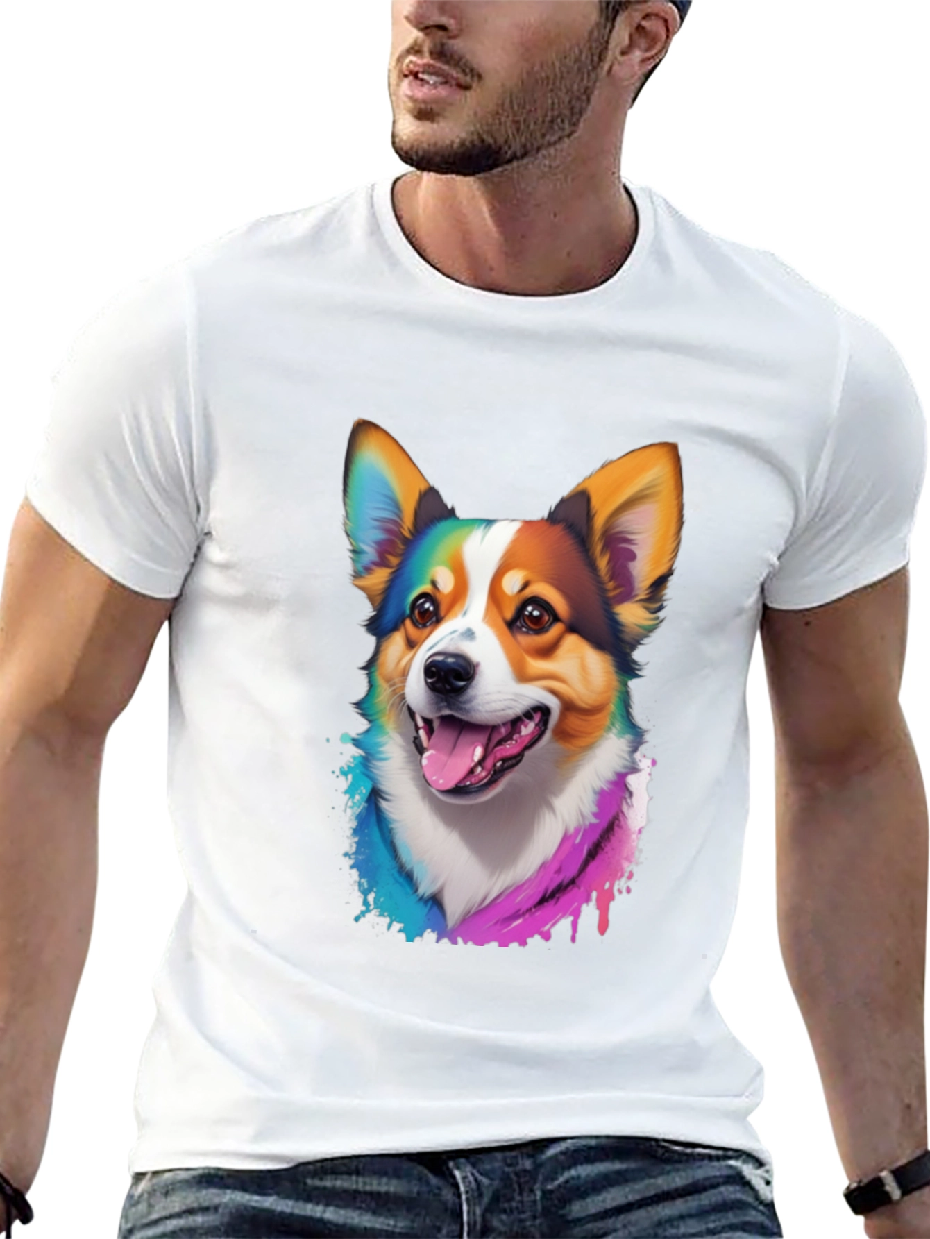 Rainbow Corgi Graphic Print Black T-Shirt