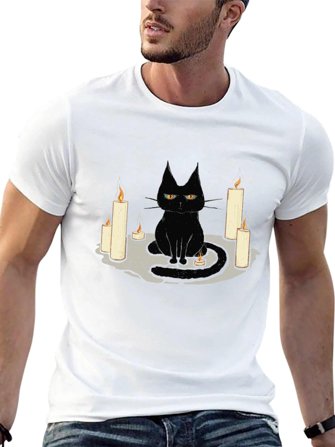 Black Cat Candle Graphic Tee - Unique Halloween T-Shirt