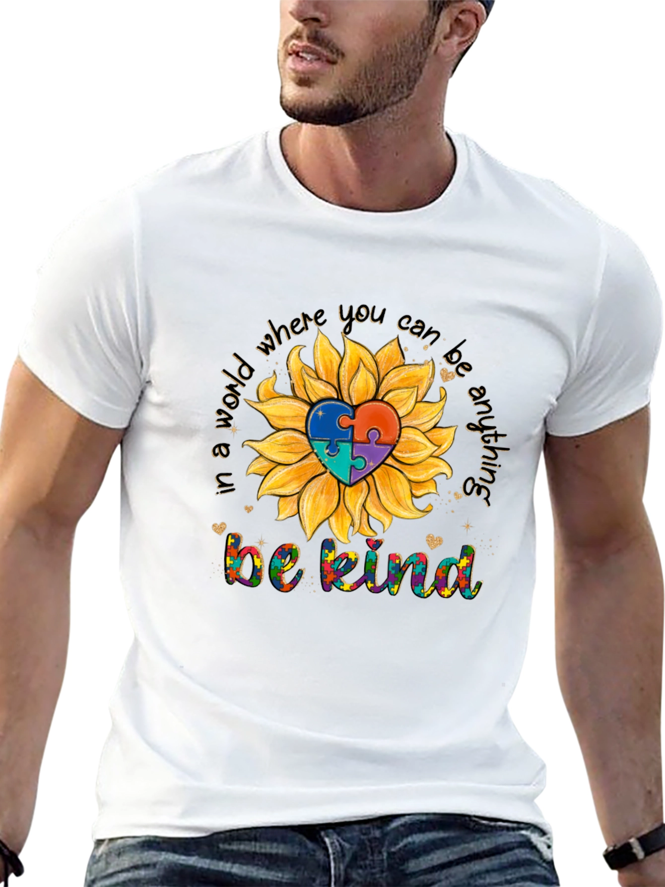 Be Kind Autism Awareness Sunflower Puzzle Heart T-Shirt