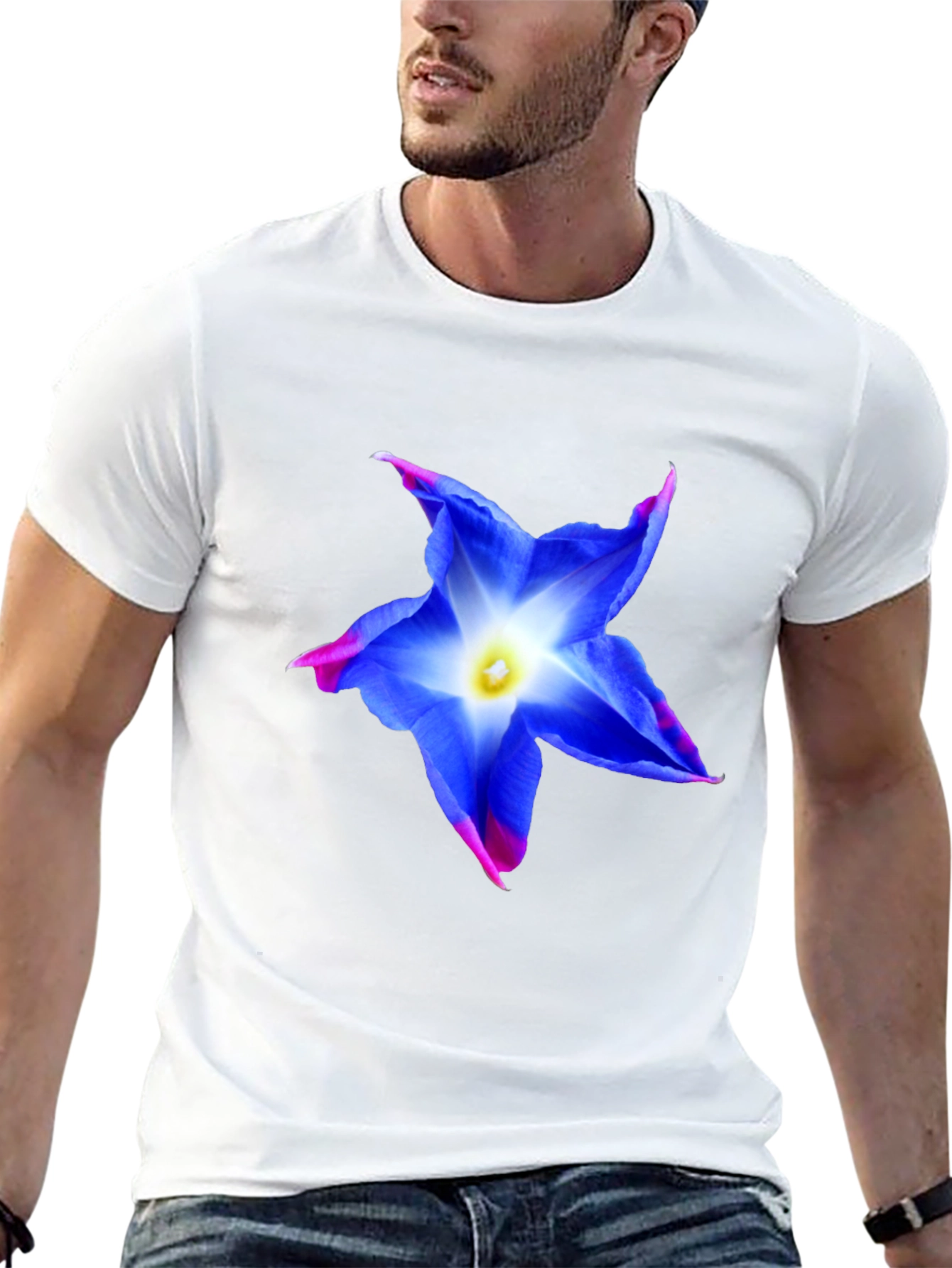 Blue Flower Graphic Tee - Stylish Mens Black T-Shirt