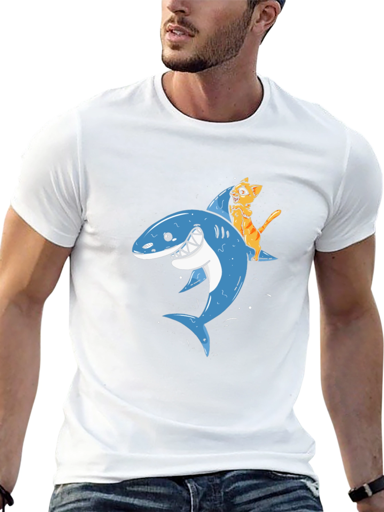 Cat Riding Shark Black T-Shirt