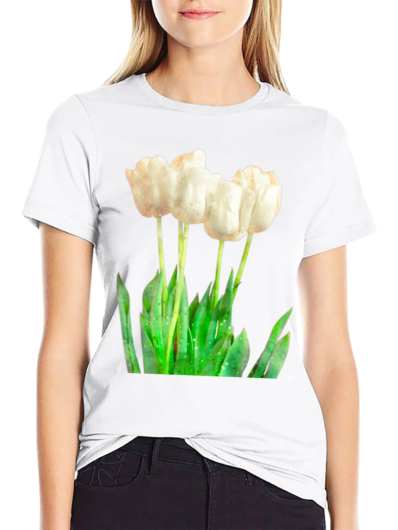 Elegant White Tulip Graphic Tee - Soft Cotton Blend