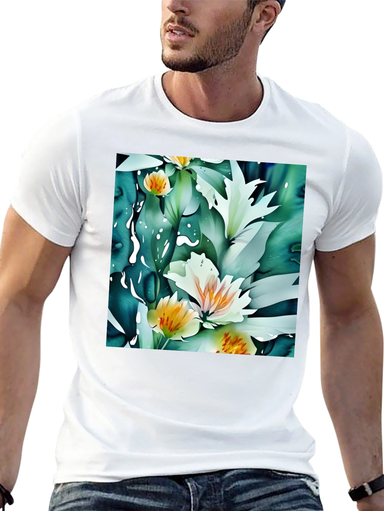 Floral Print Black T-Shirt - Artistic Botanical Design