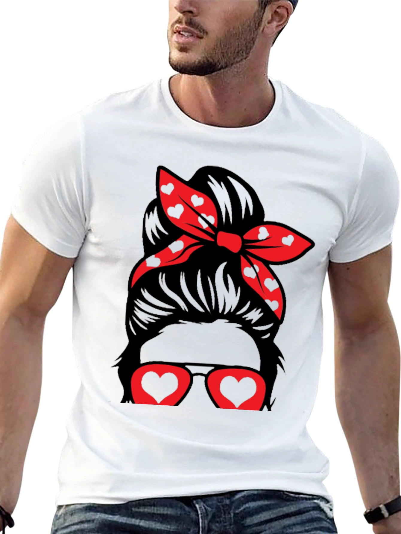 Messy Bun Heart Glasses Valentines Day T-Shirt