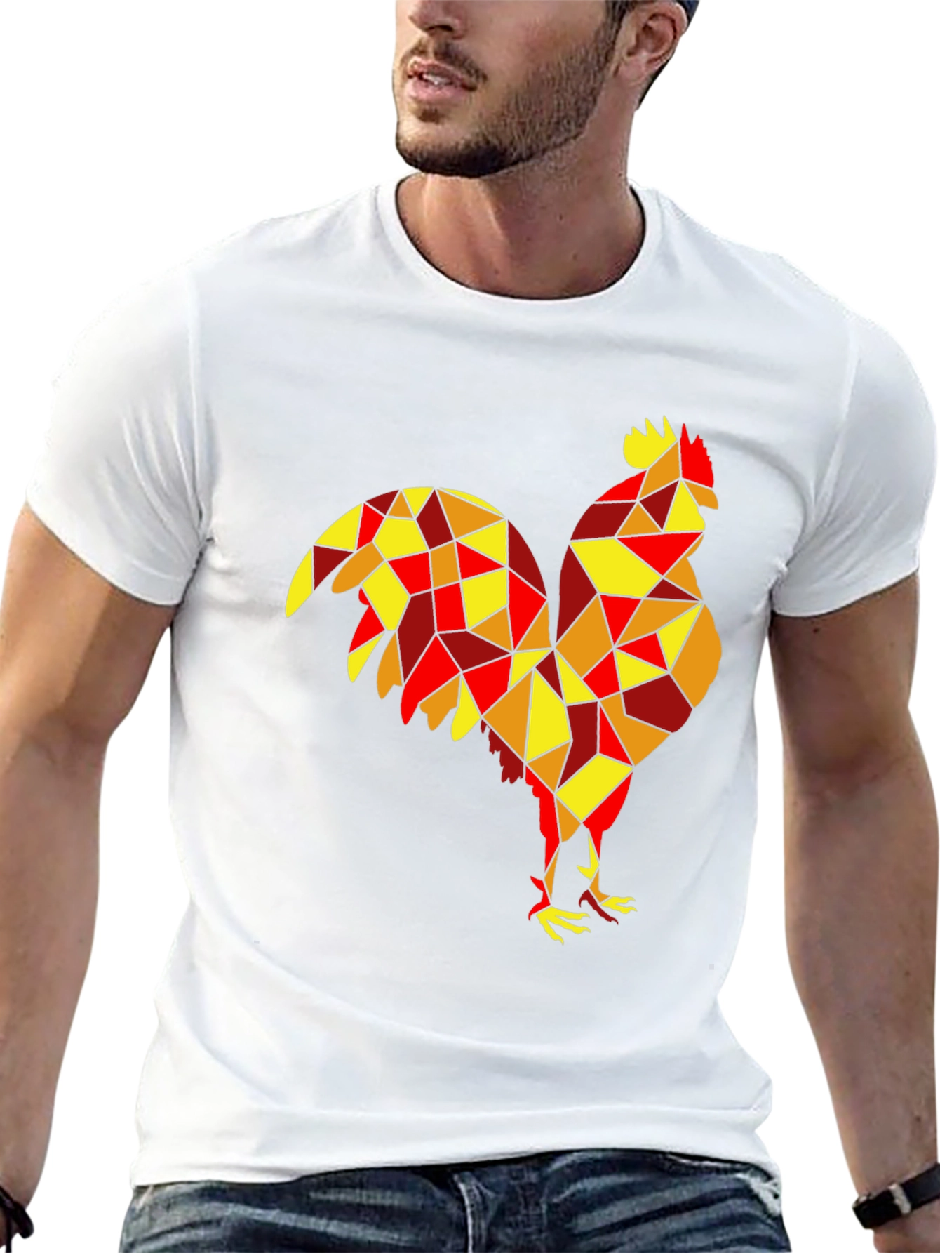 Geometric Rooster Graphic Tee - Black Cotton Shirt