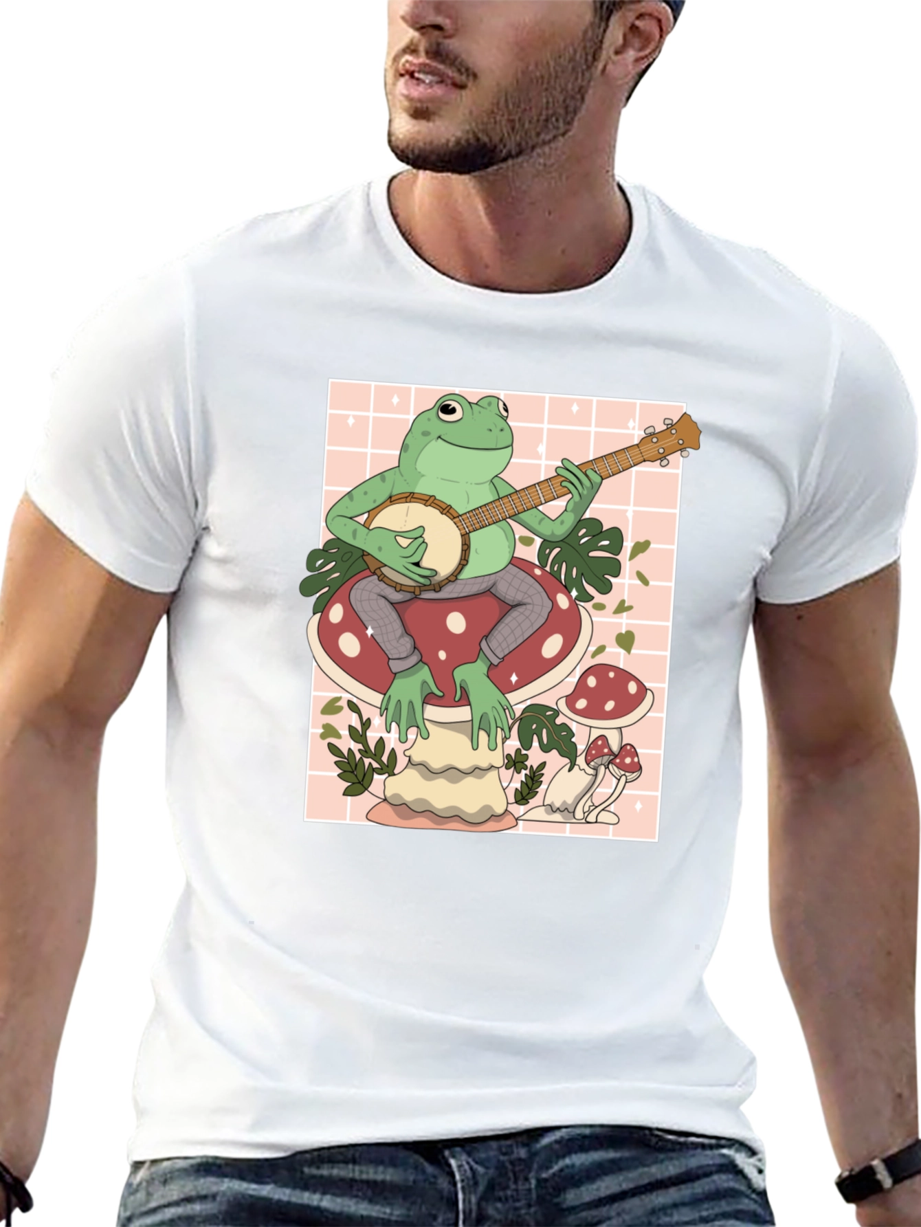 Frog on Mushroom Playing Banjo Graphic Tee