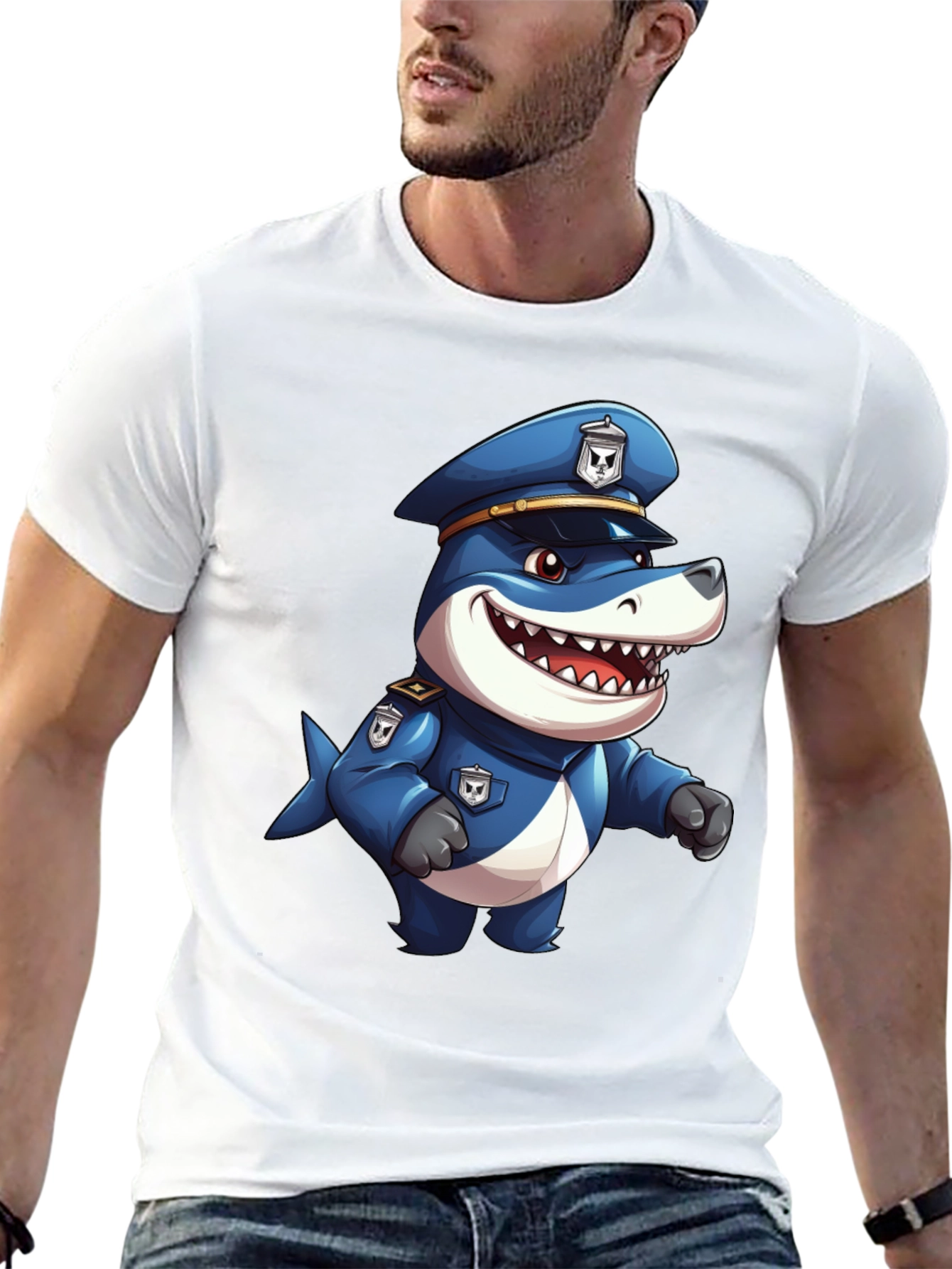 Cartoon Police Shark T-Shirt - Black Cotton Blend