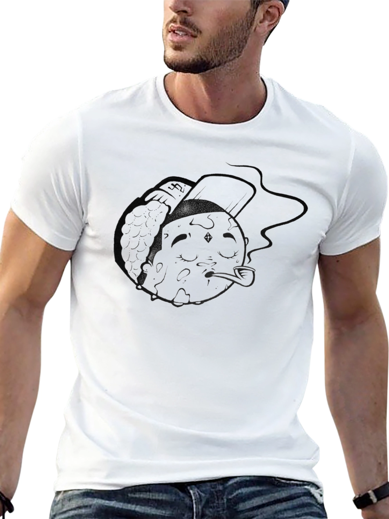 Mens Black Graphic T-Shirt - Moon Smoker Design