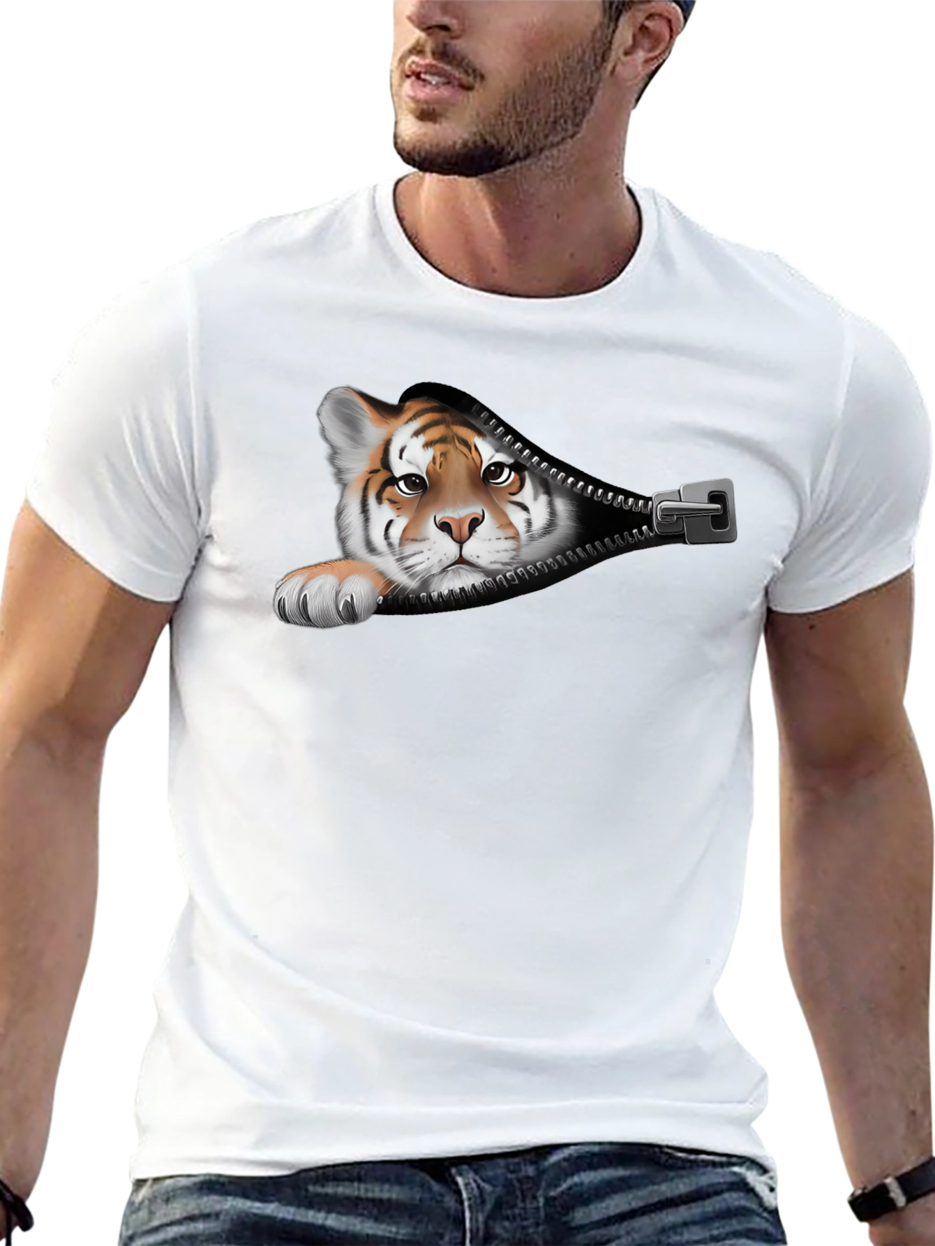 Tiger Peeking Out Zipper Graphic T-Shirt