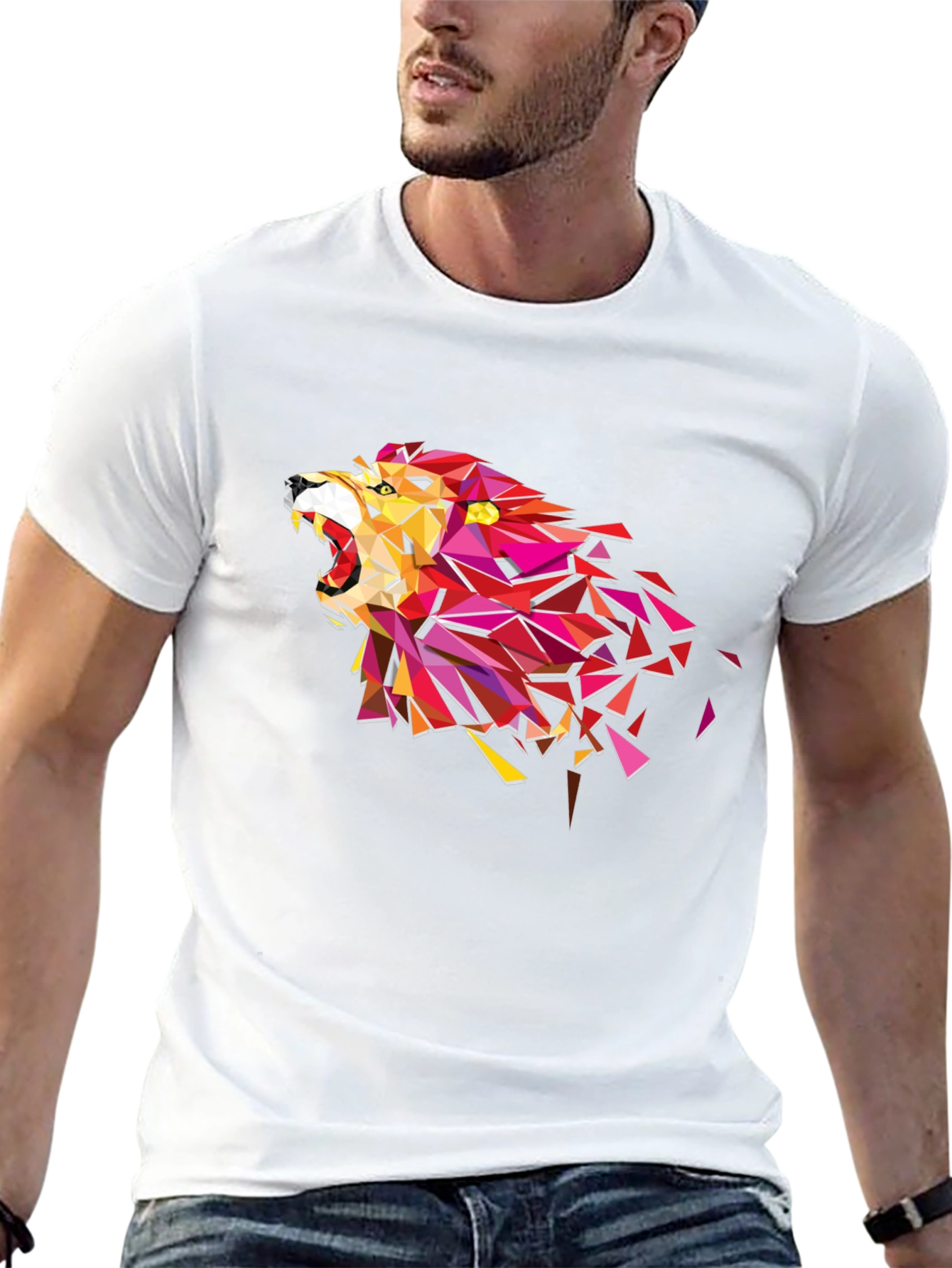 Geometric Lion Head Graphic Tee - Black