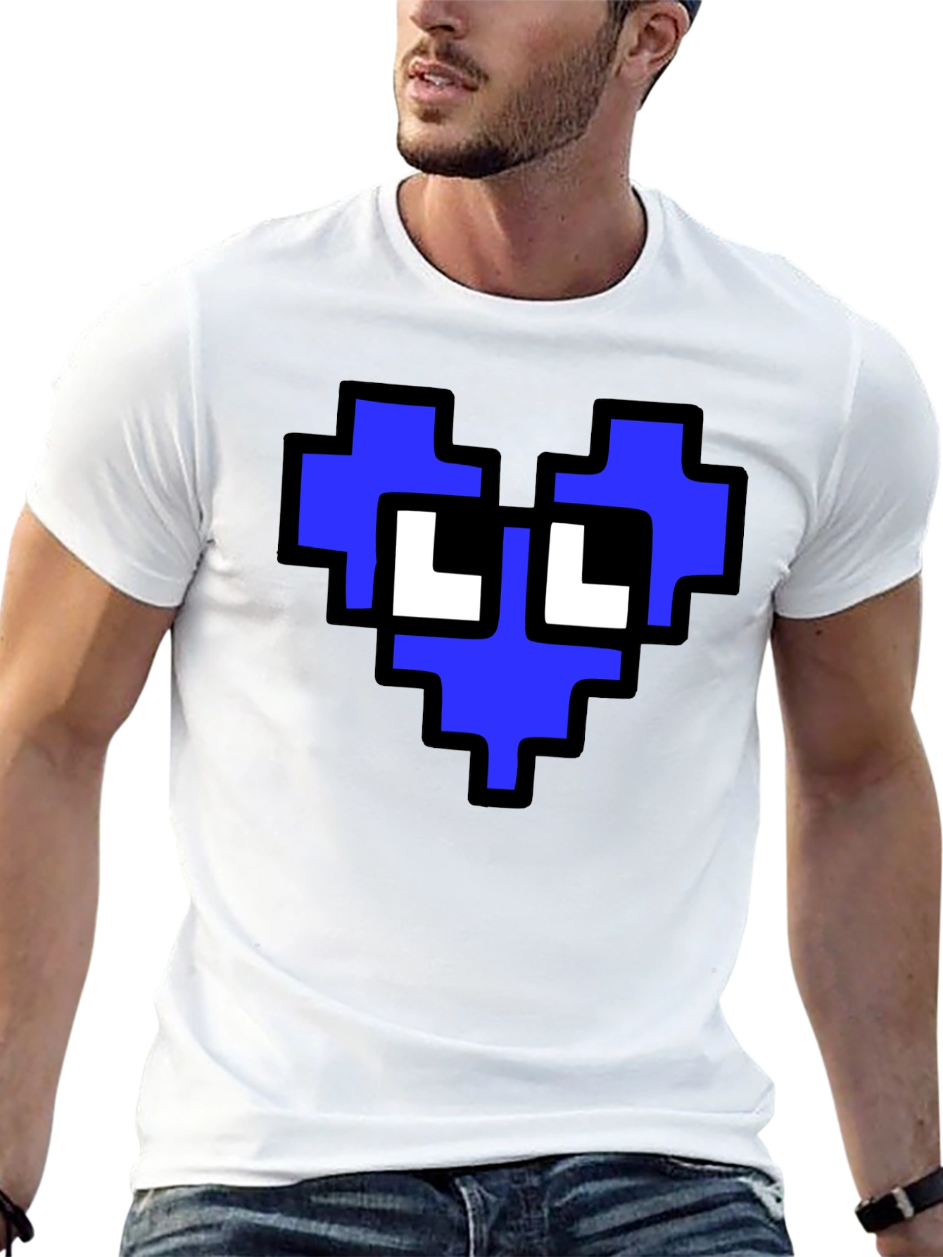 Pixel Heart Graphic T-Shirt - Blue and White Design