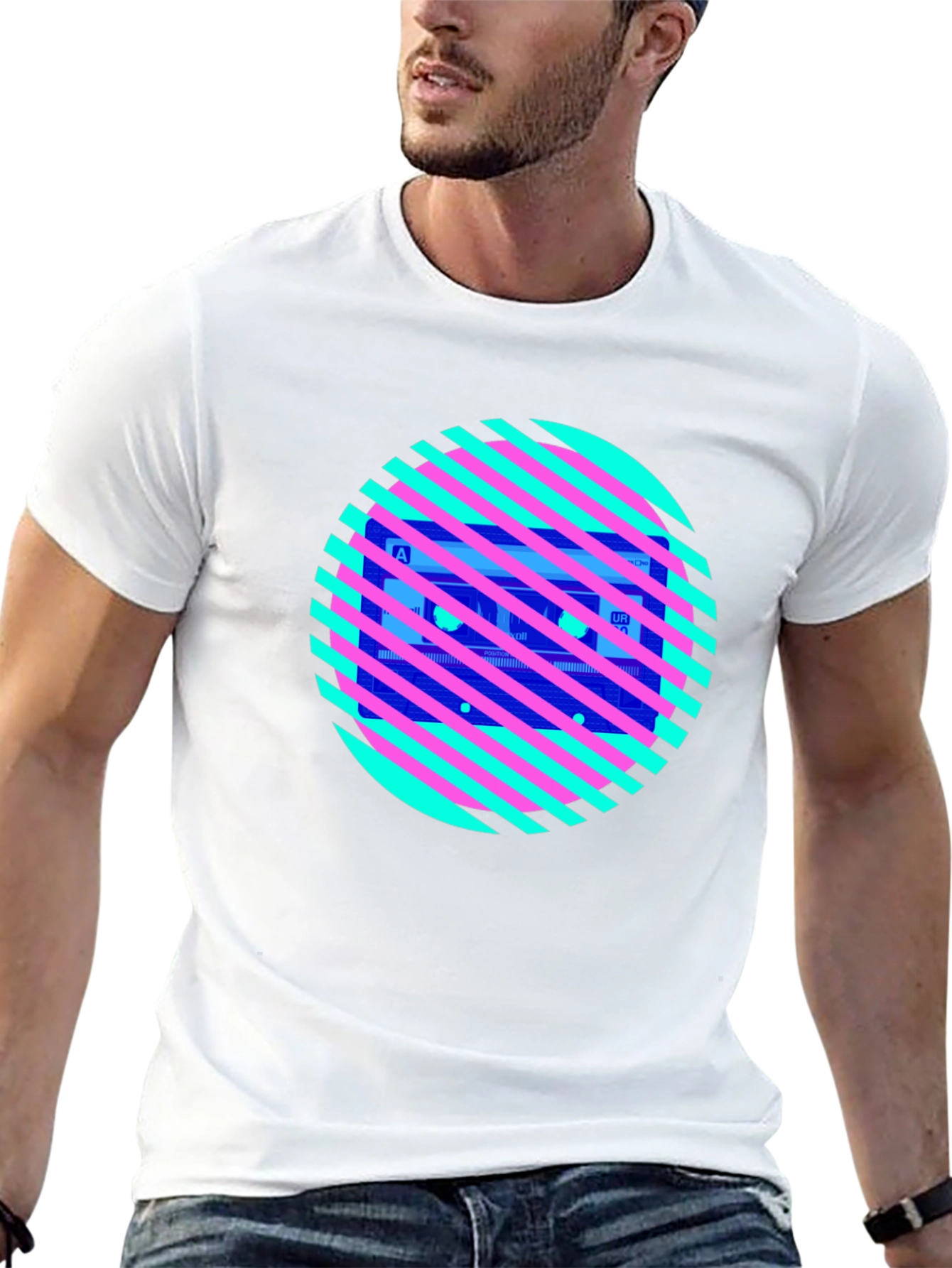 Retro Cassette Tape Graphic Tee - Striped Circle Design