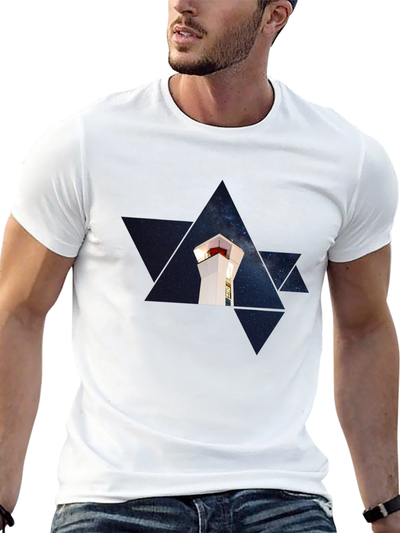Starry Lighthouse Black Tee - Unique Graphic Print