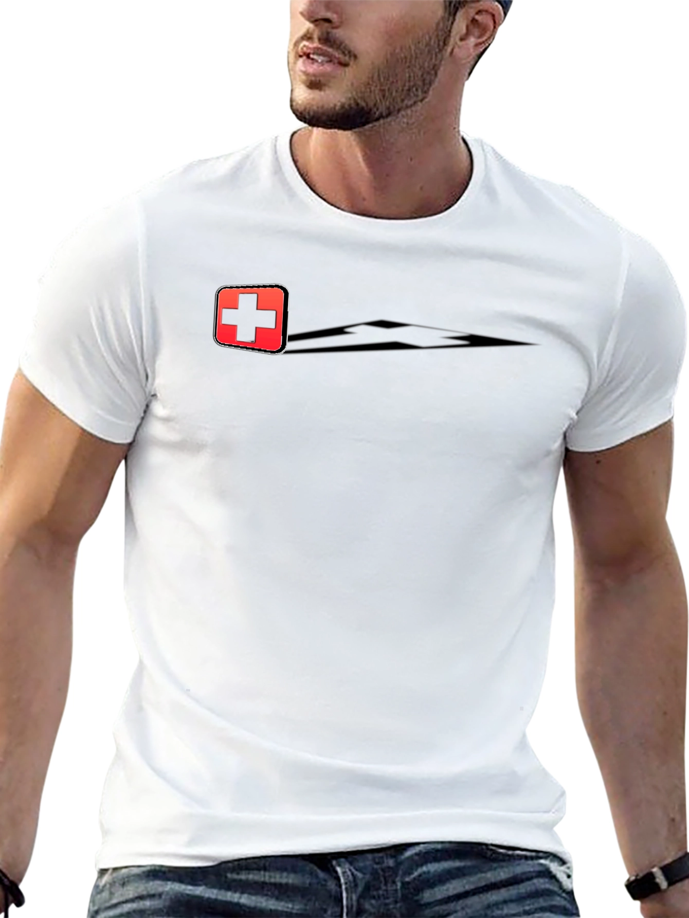 Swiss Cross Graphic Tee - Black Cotton Casual T-Shirt