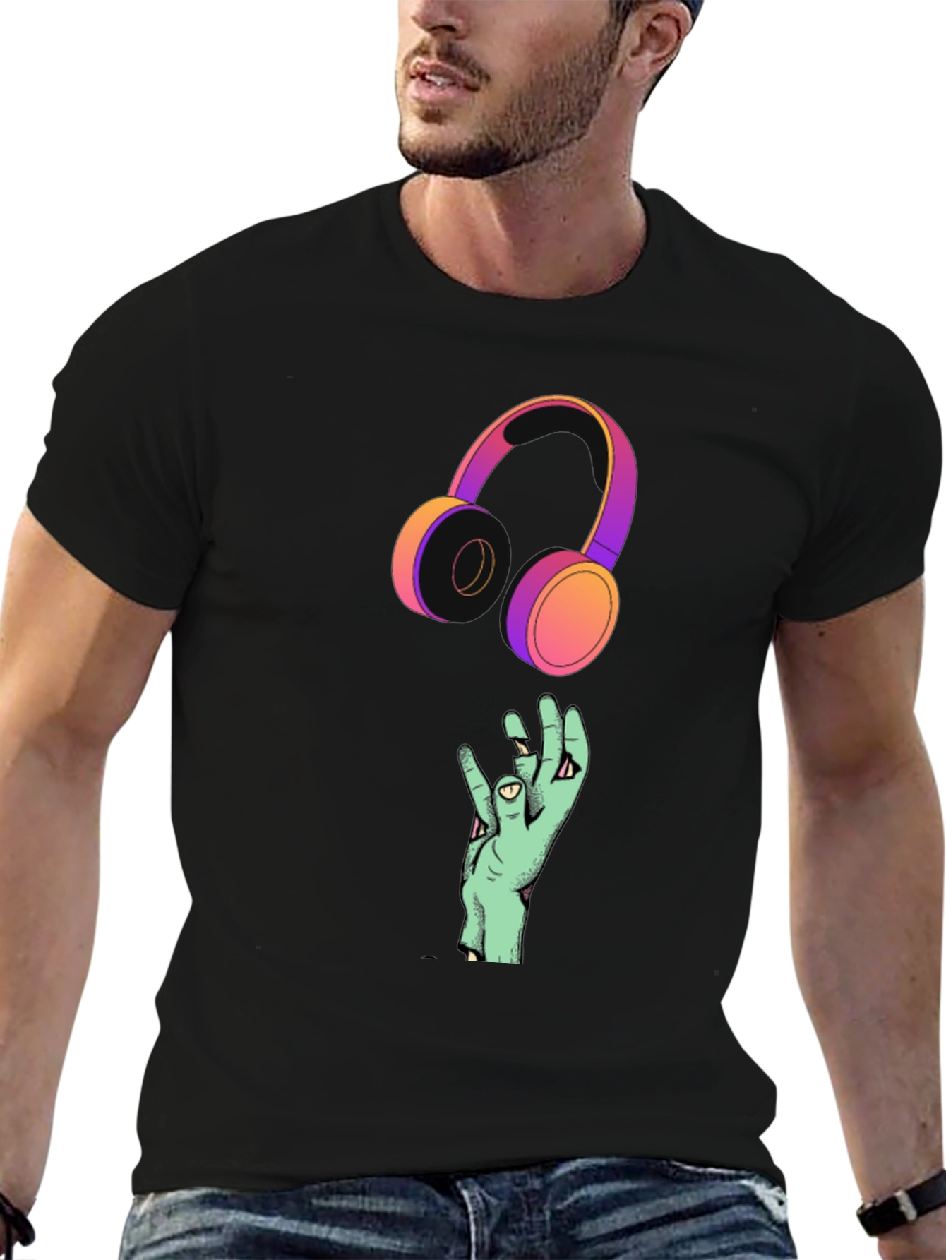 Cool Graphic T-Shirt with Headphones and Hand Design