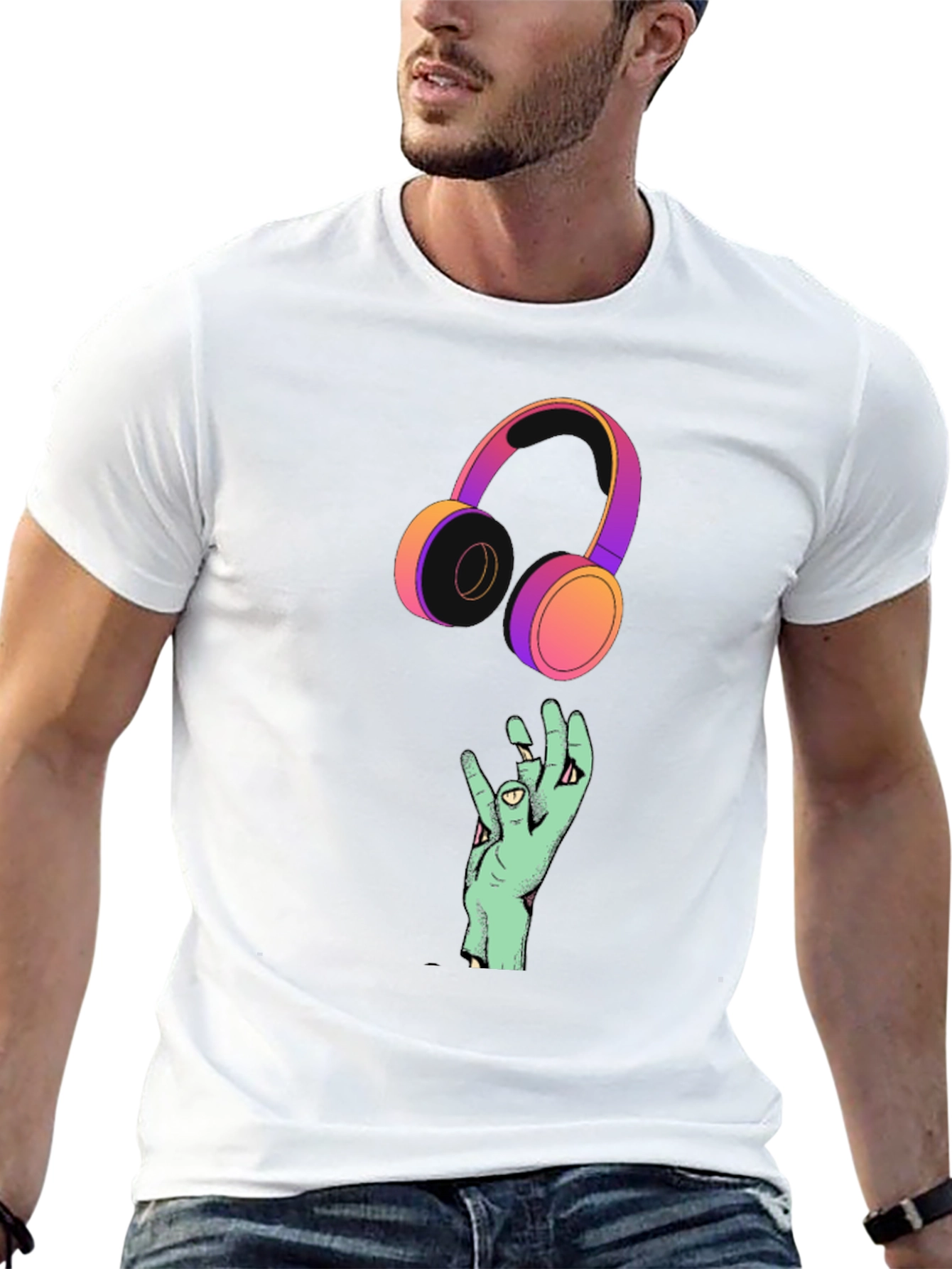 Cool Graphic T-Shirt with Headphones and Hand Design