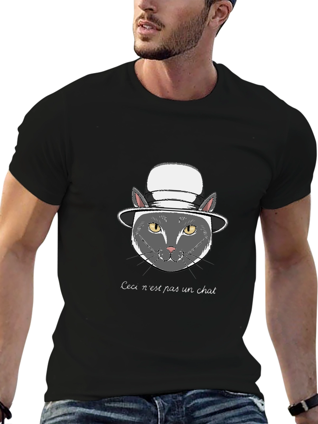Black T-Shirt with Funny Cat Graphic