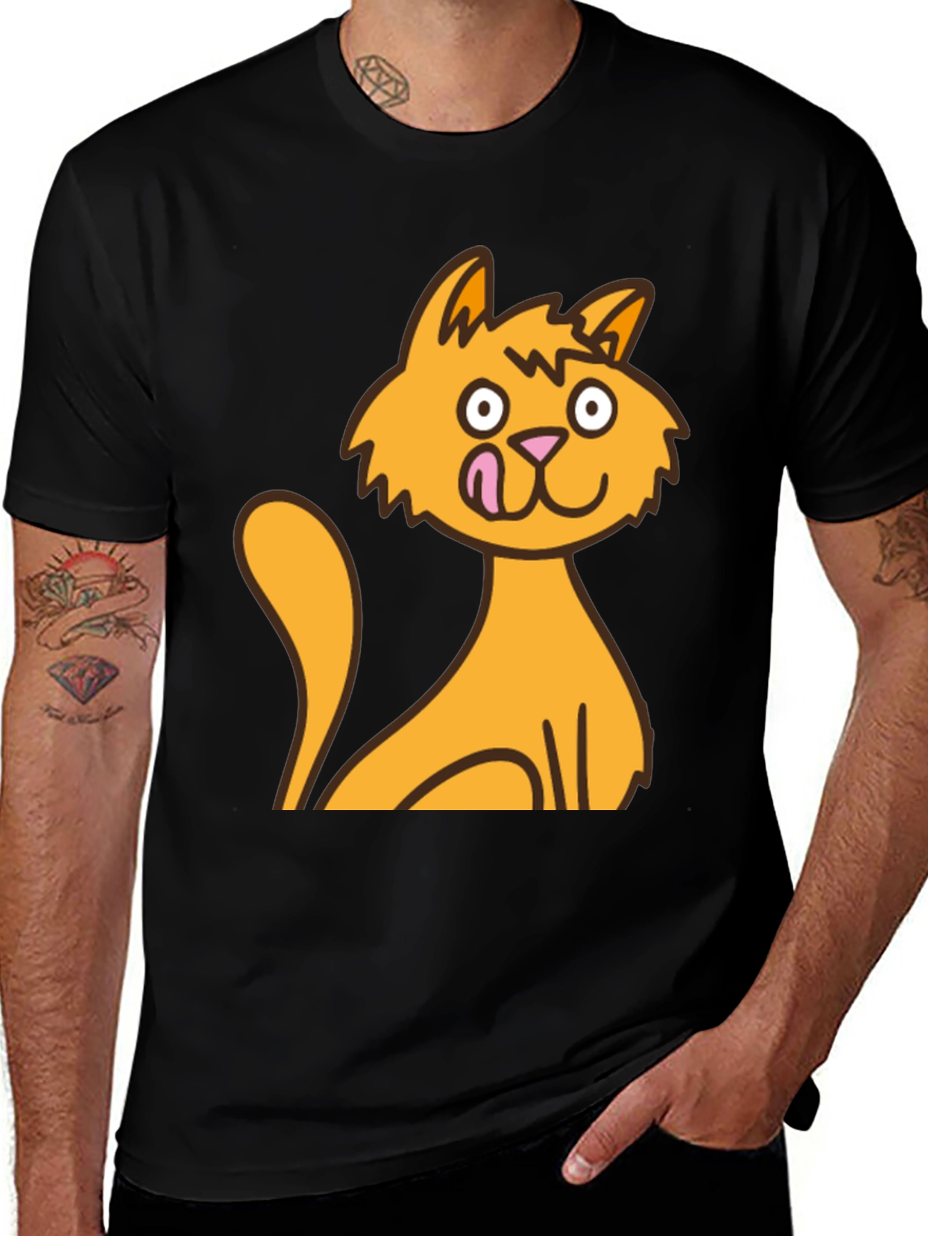 Cartoon Cat Graphic Tee - Black Cotton T-Shirt