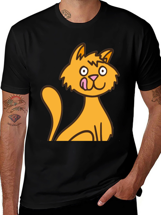 Cartoon Cat Graphic Tee - Black Cotton T-Shirt