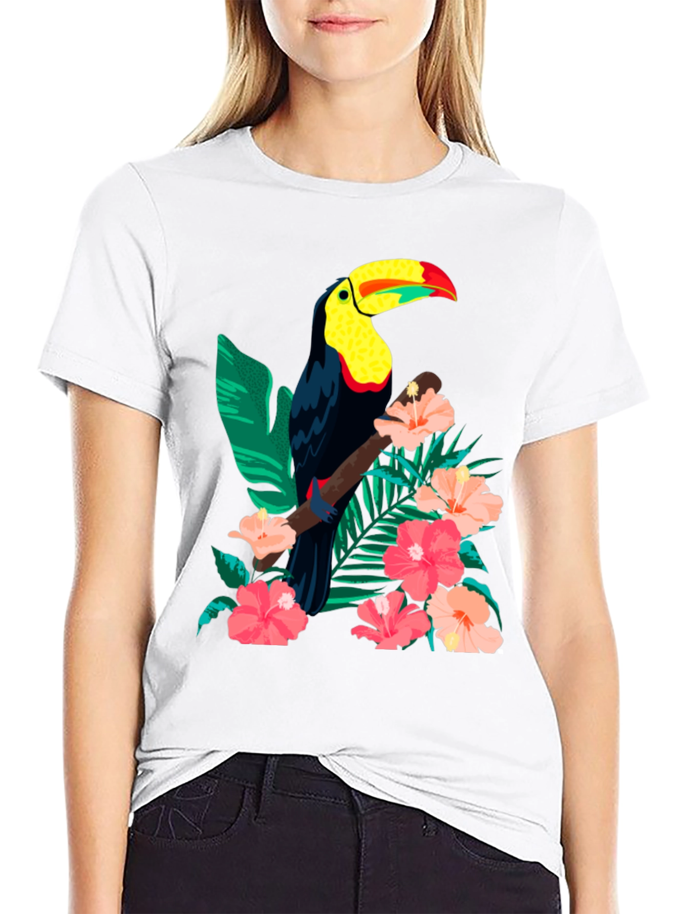 Toucan & Floral Print Black T-Shirt