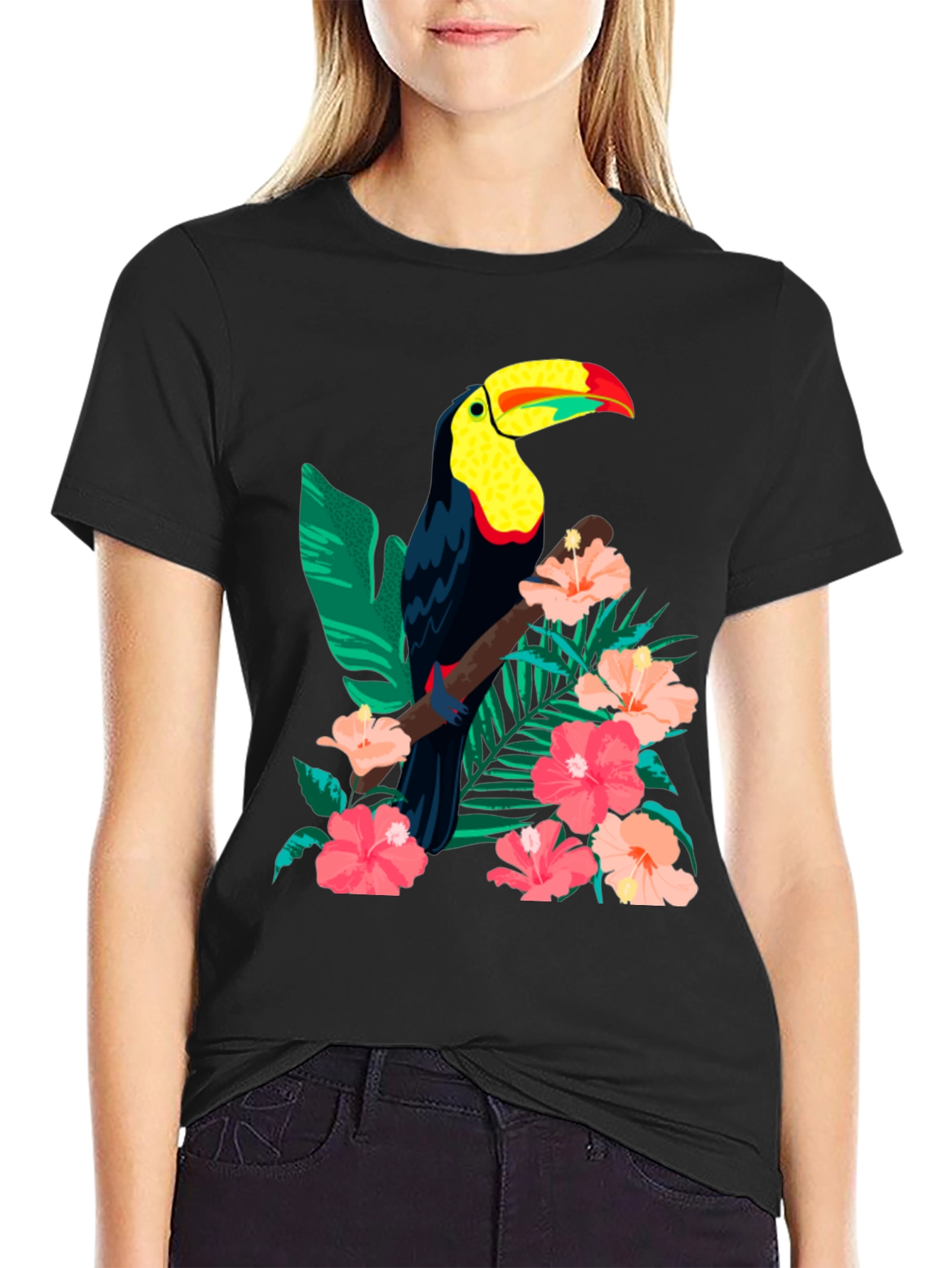 Toucan & Floral Print Black T-Shirt