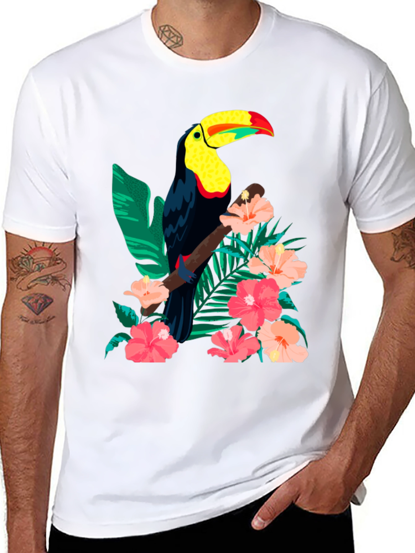 Toucan & Floral Print Black T-Shirt