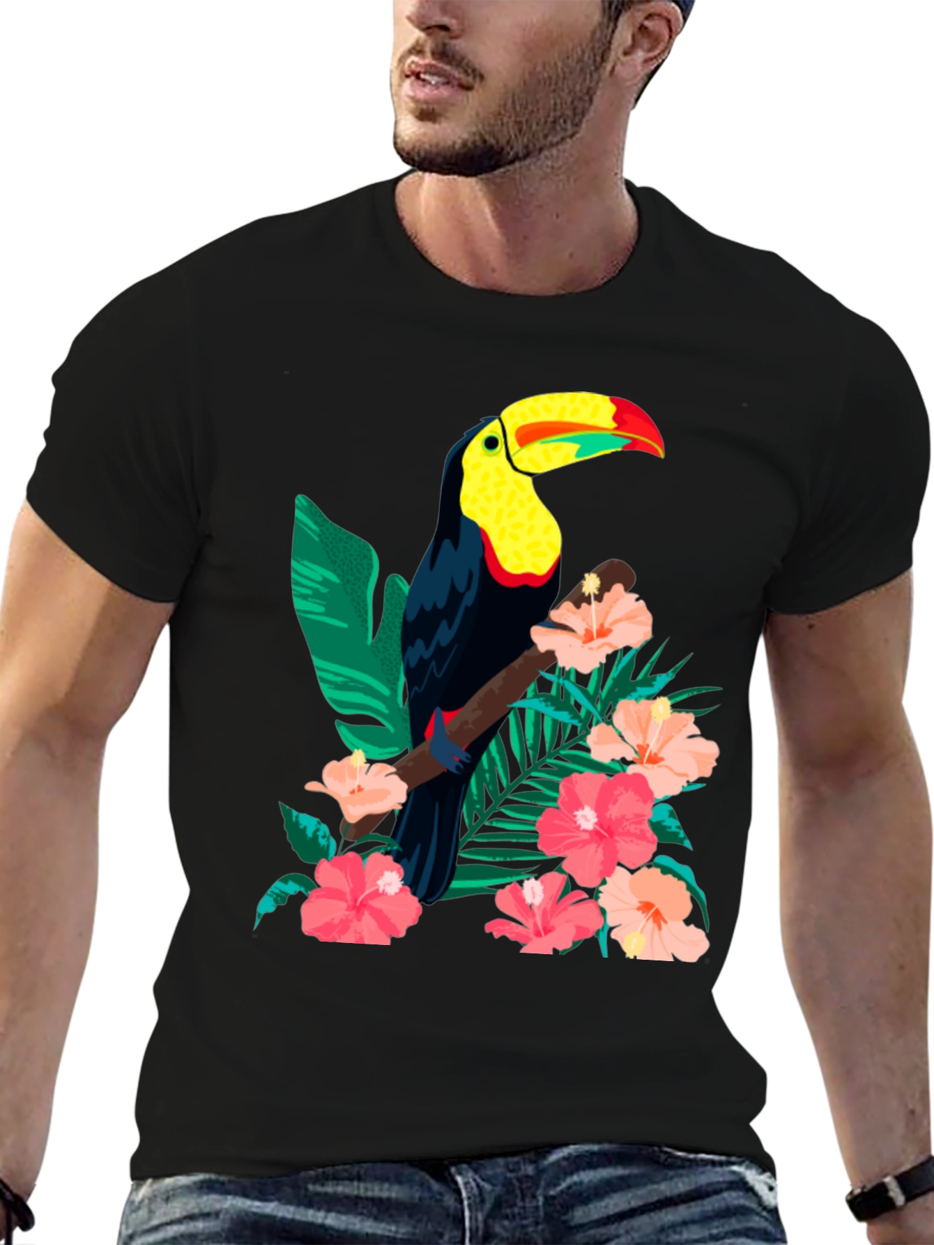 Toucan & Floral Print Black T-Shirt