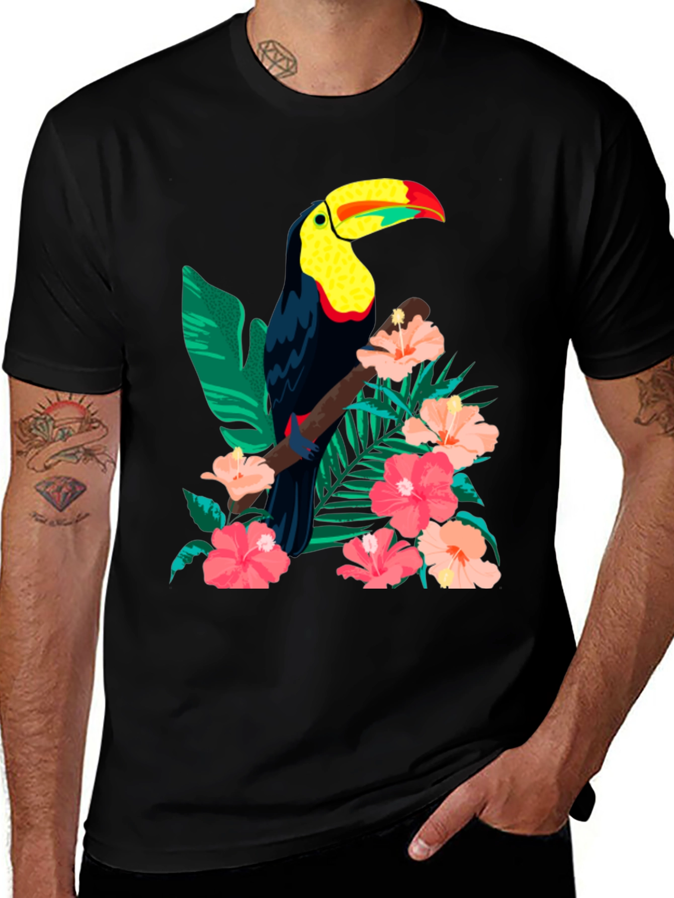 Toucan & Floral Print Black T-Shirt