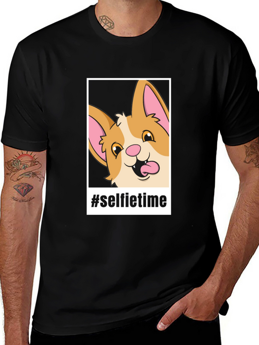 Selfie Time Corgi Graphic Tee - Black Cotton Blend