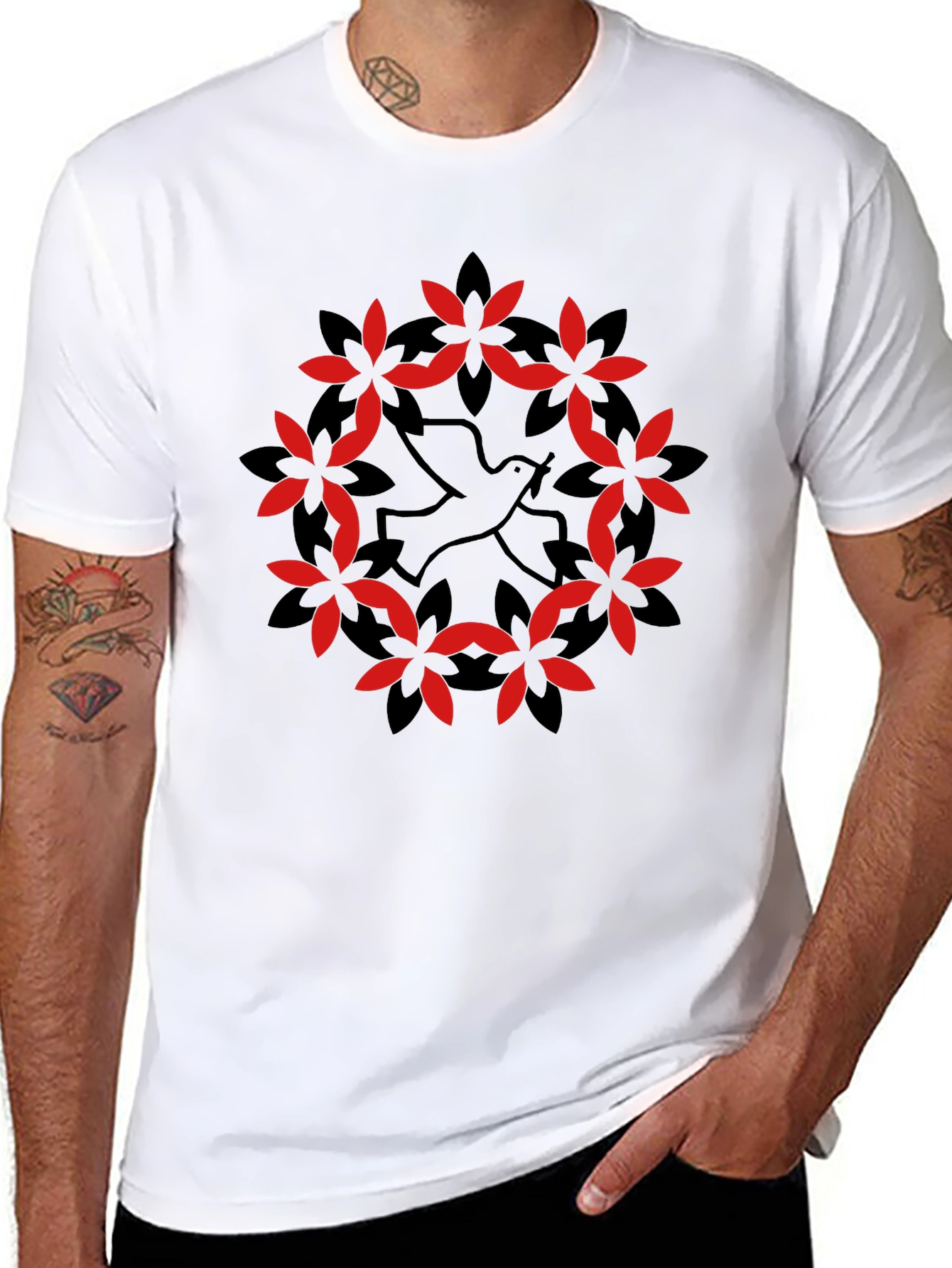 Dove & Floral Wreath Graphic Black T-Shirt