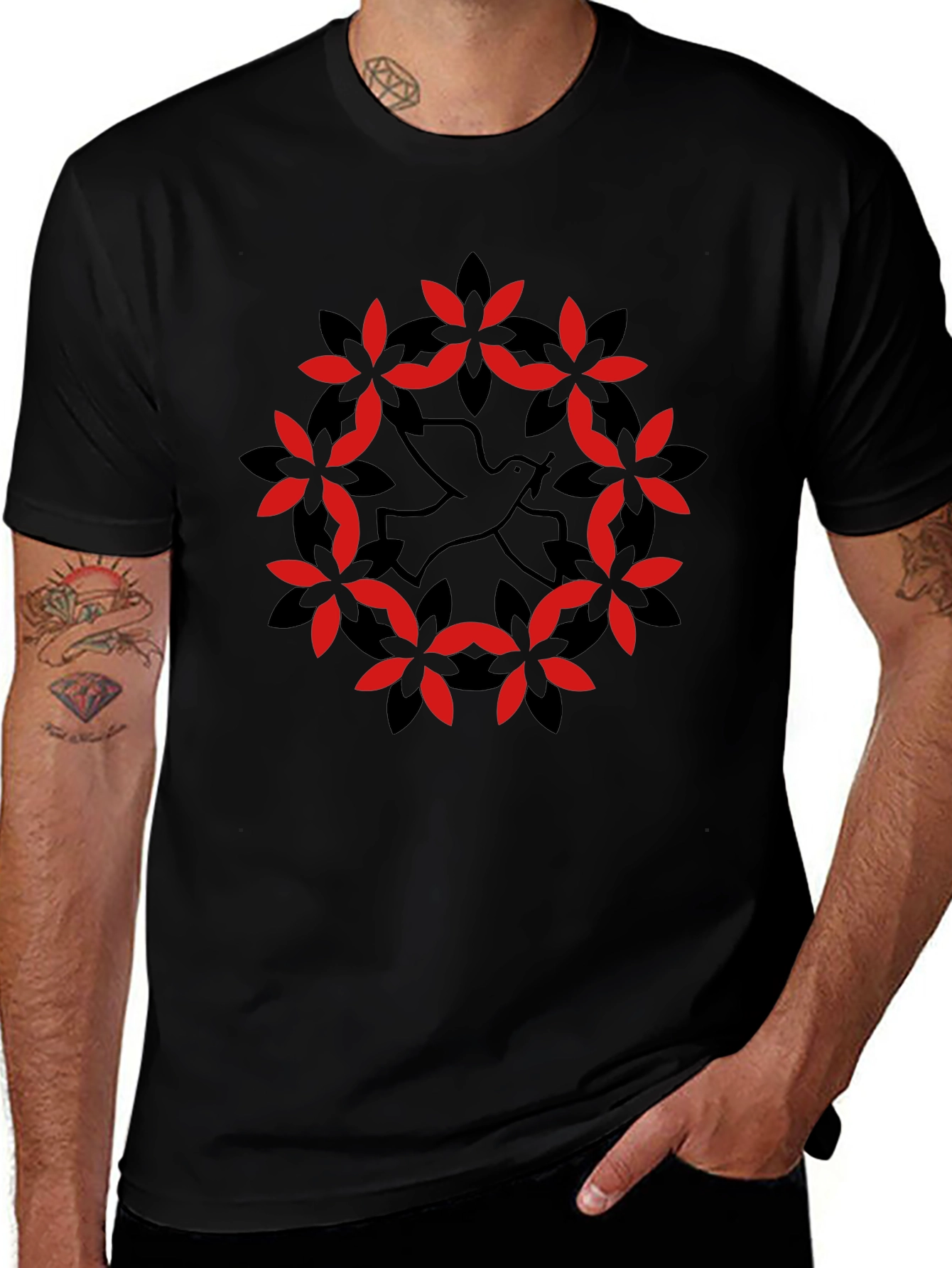 Dove & Floral Wreath Graphic Black T-Shirt