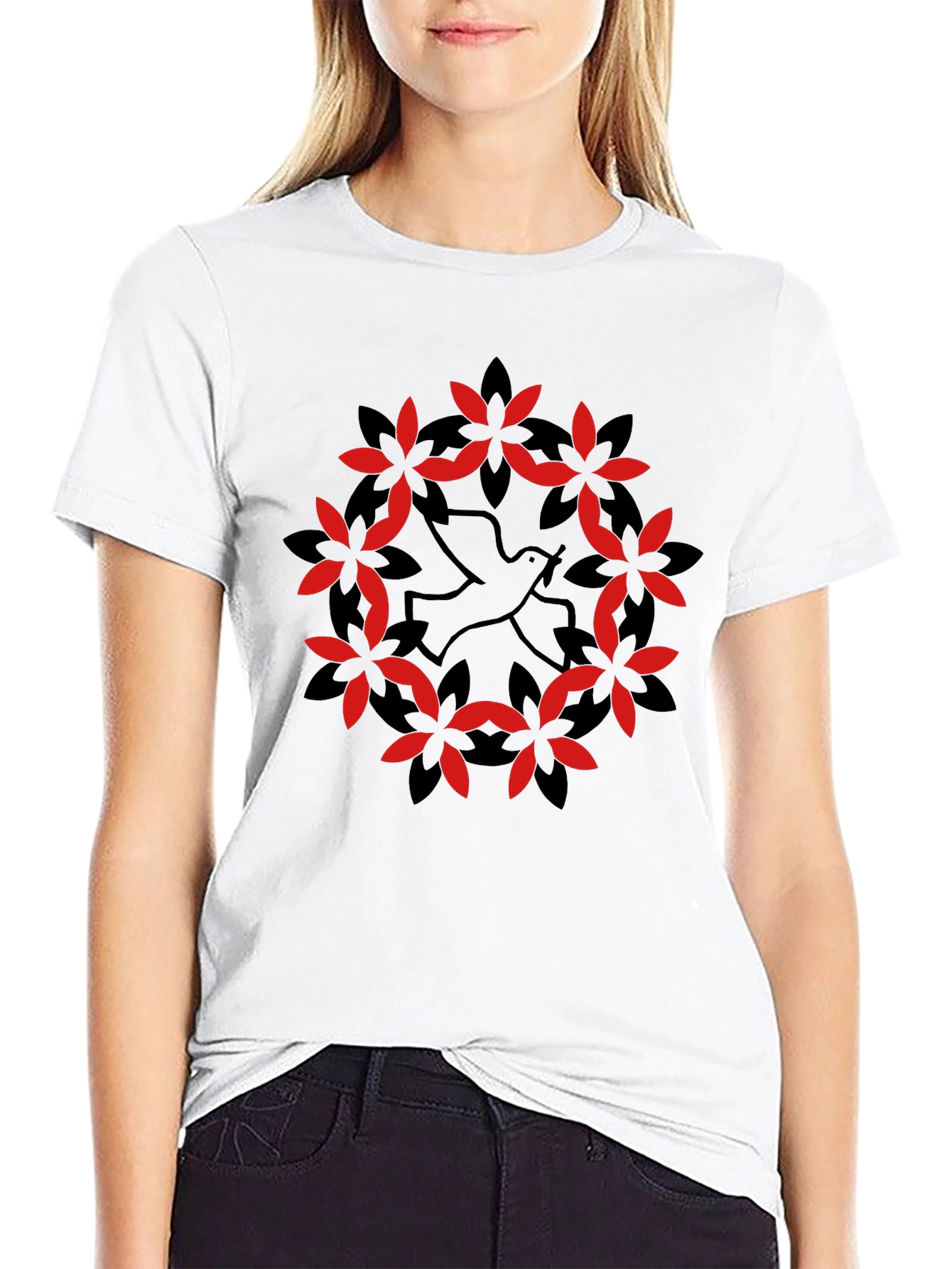 Dove & Floral Wreath Graphic Black T-Shirt