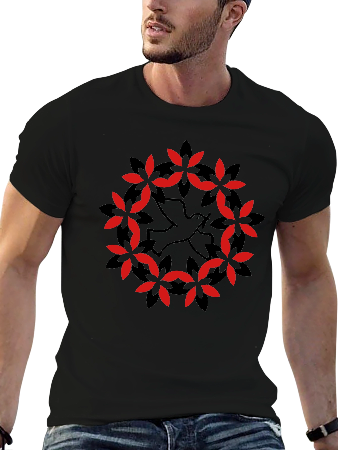 Dove & Floral Wreath Graphic Black T-Shirt