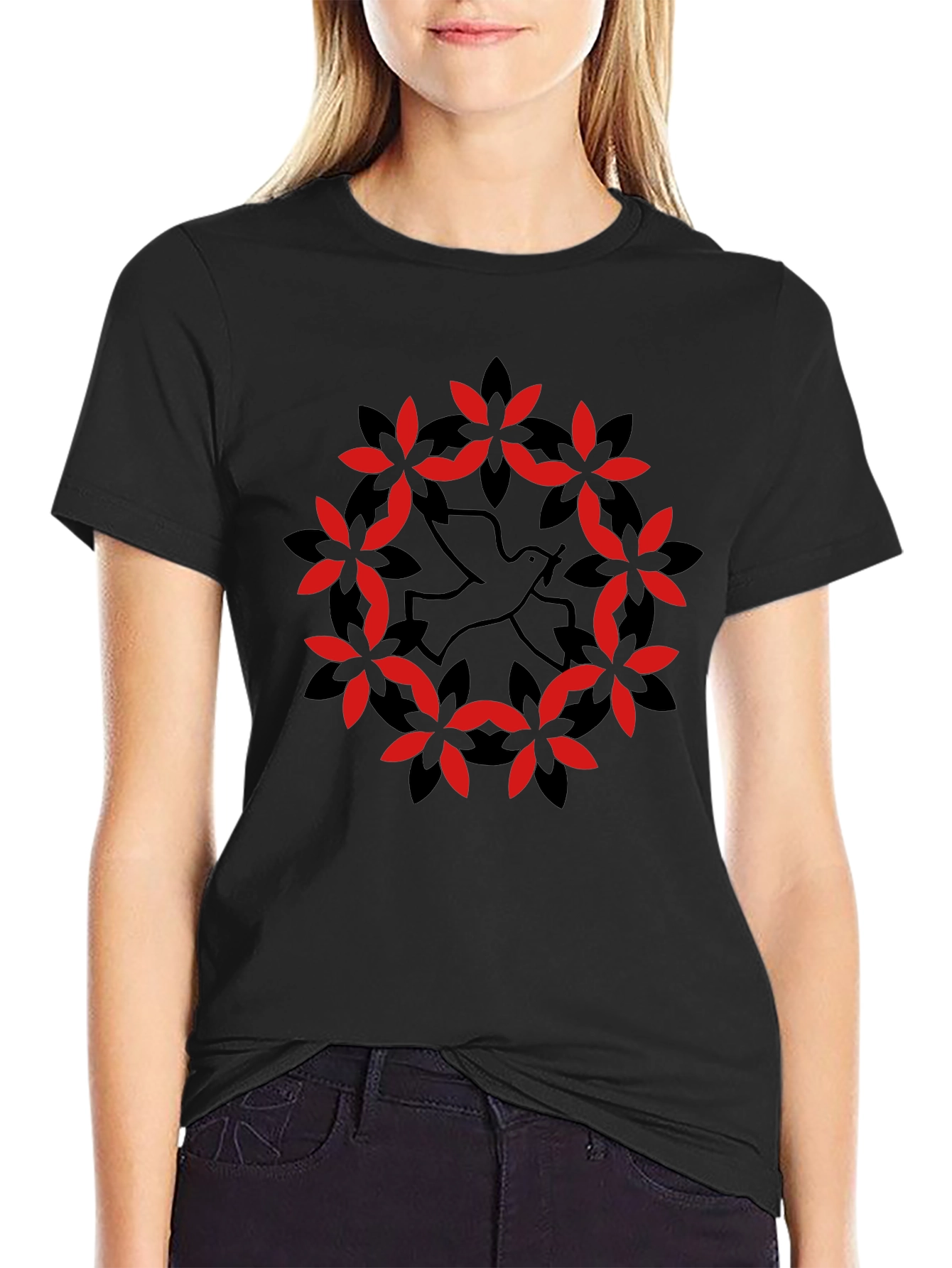 Dove & Floral Wreath Graphic Black T-Shirt