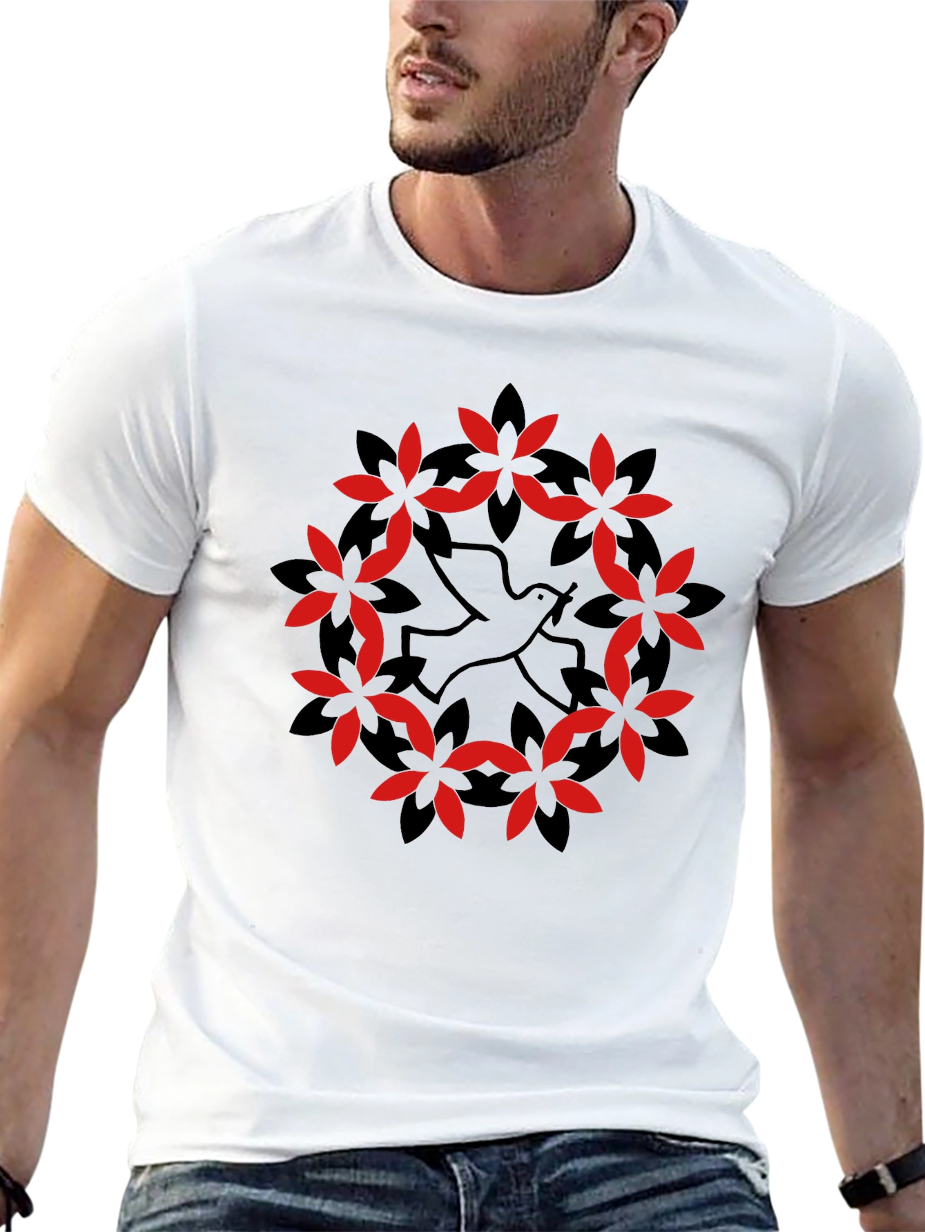 Dove & Floral Wreath Graphic Black T-Shirt