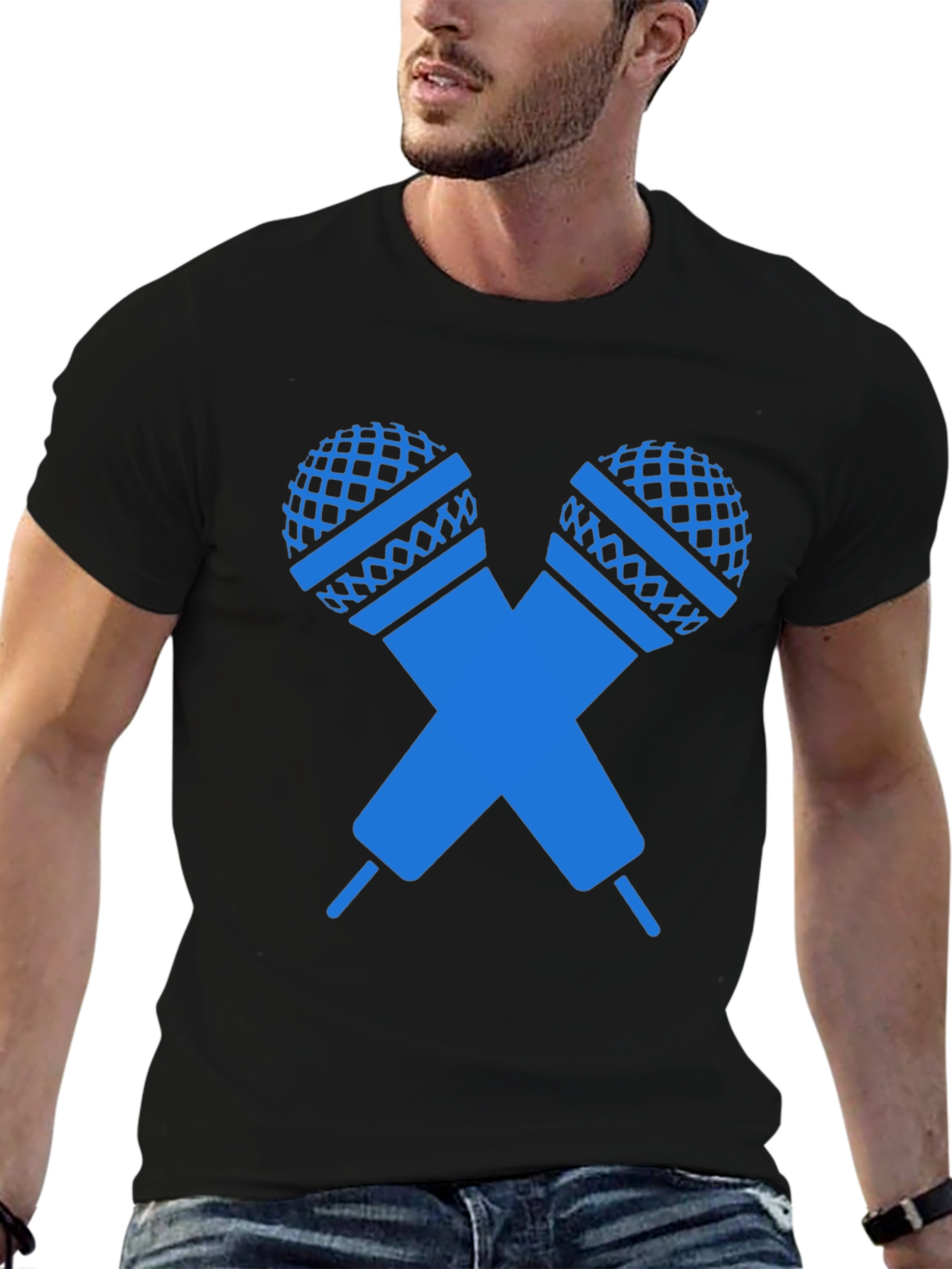 Black T-Shirt with Crossed Microphones Graphic