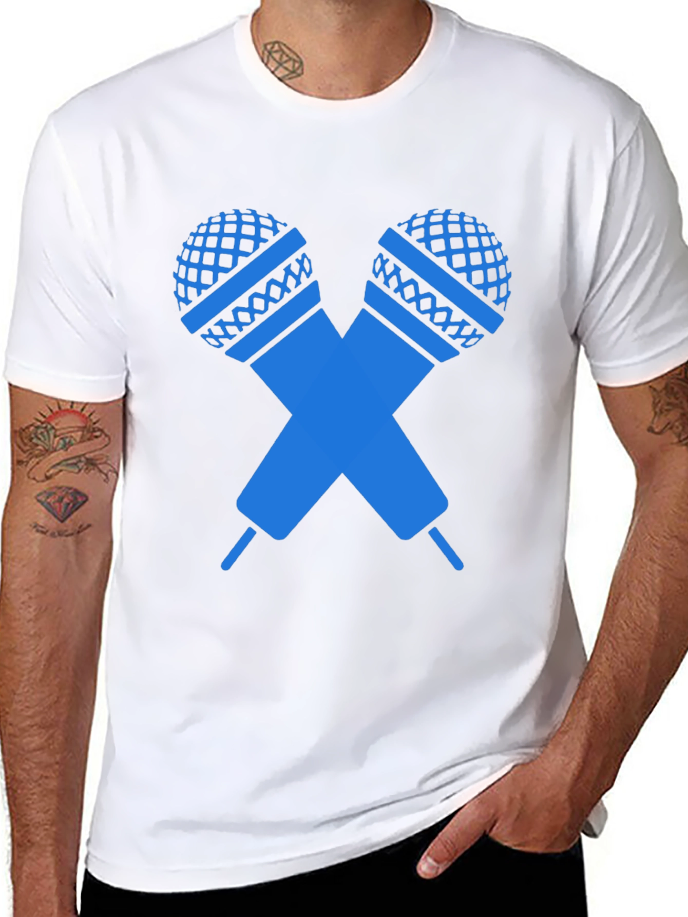 Black T-Shirt with Crossed Microphones Graphic