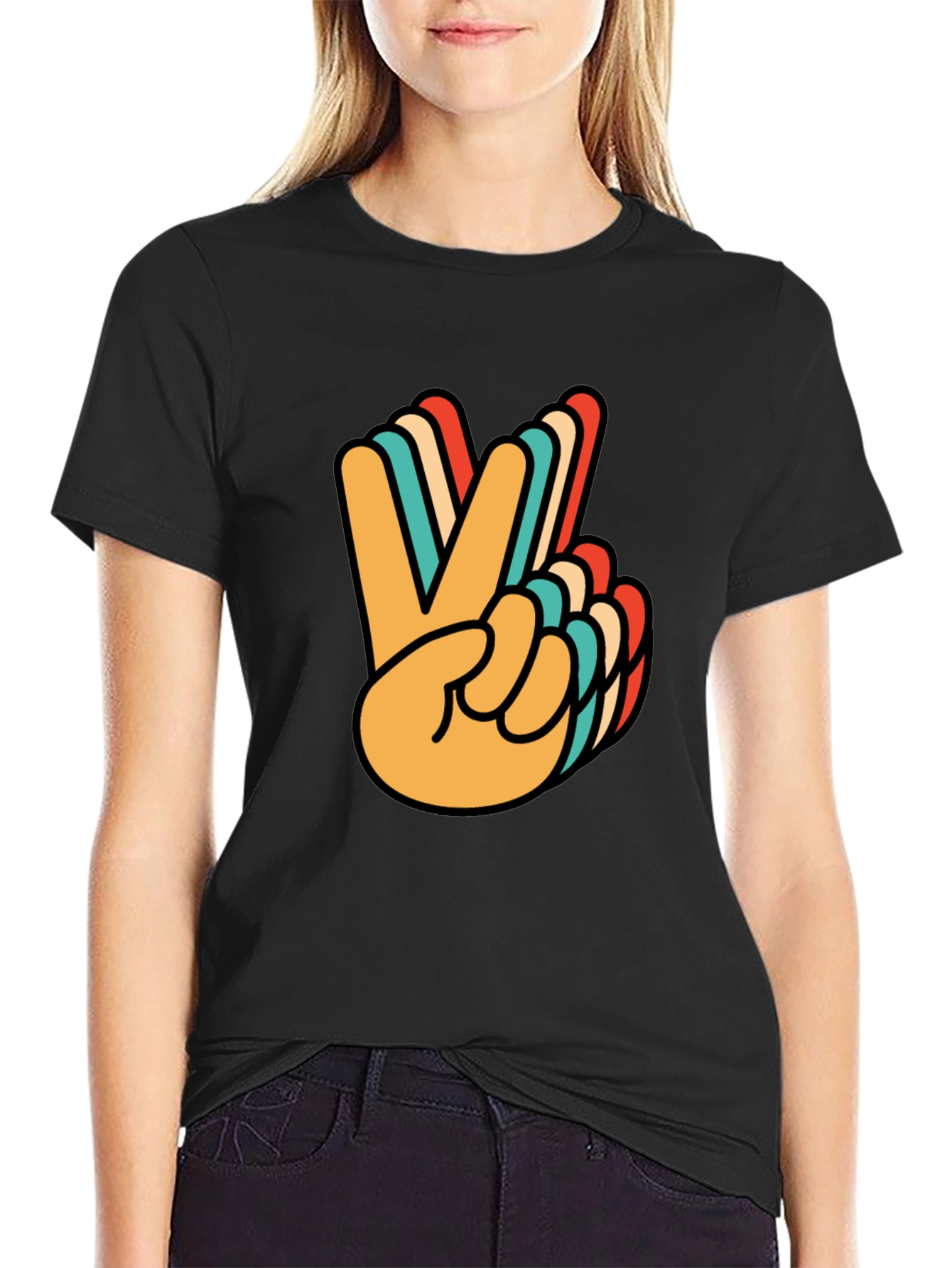 Retro Peace Sign Graphic Tee - Black Cotton T-Shirt