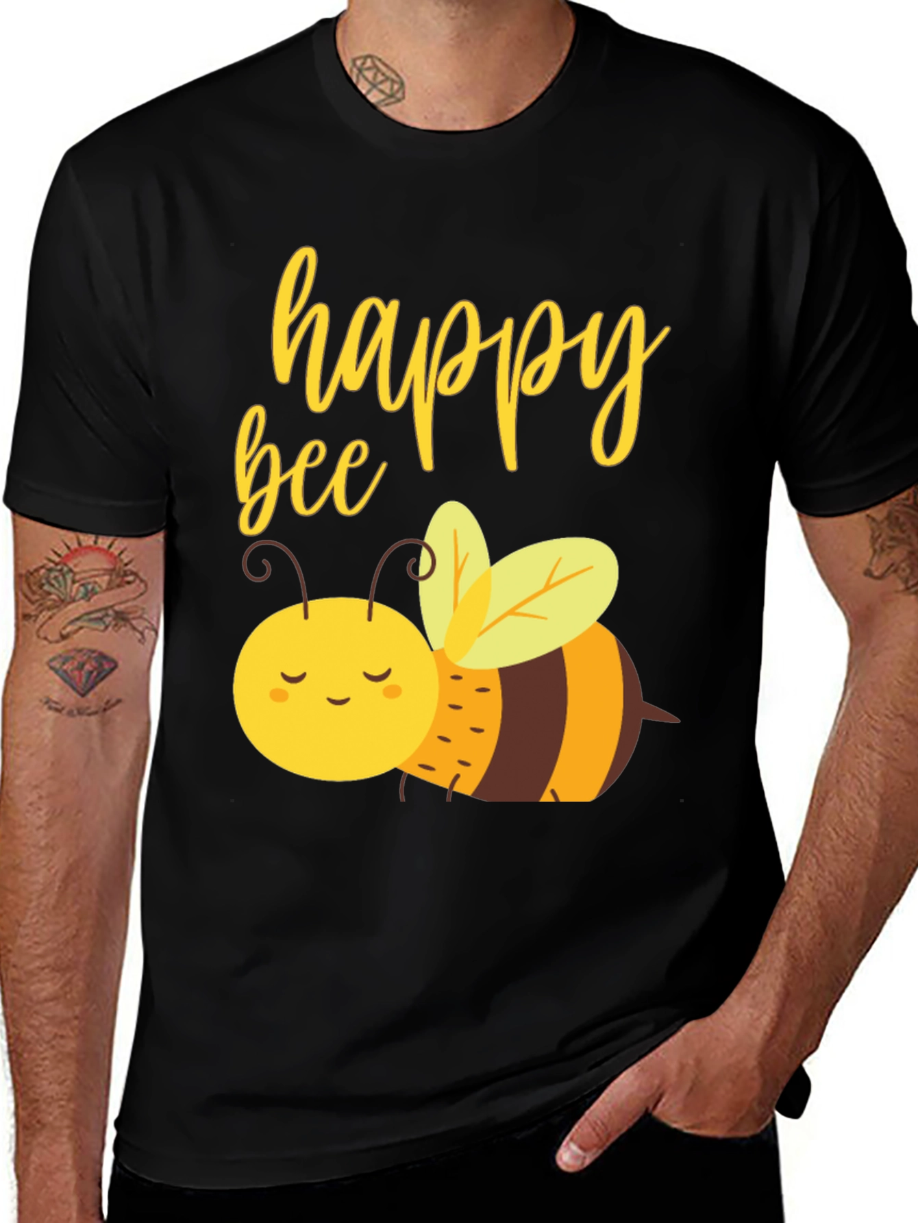 Happy Bee Graphic Tee - Black Cotton Comfort
