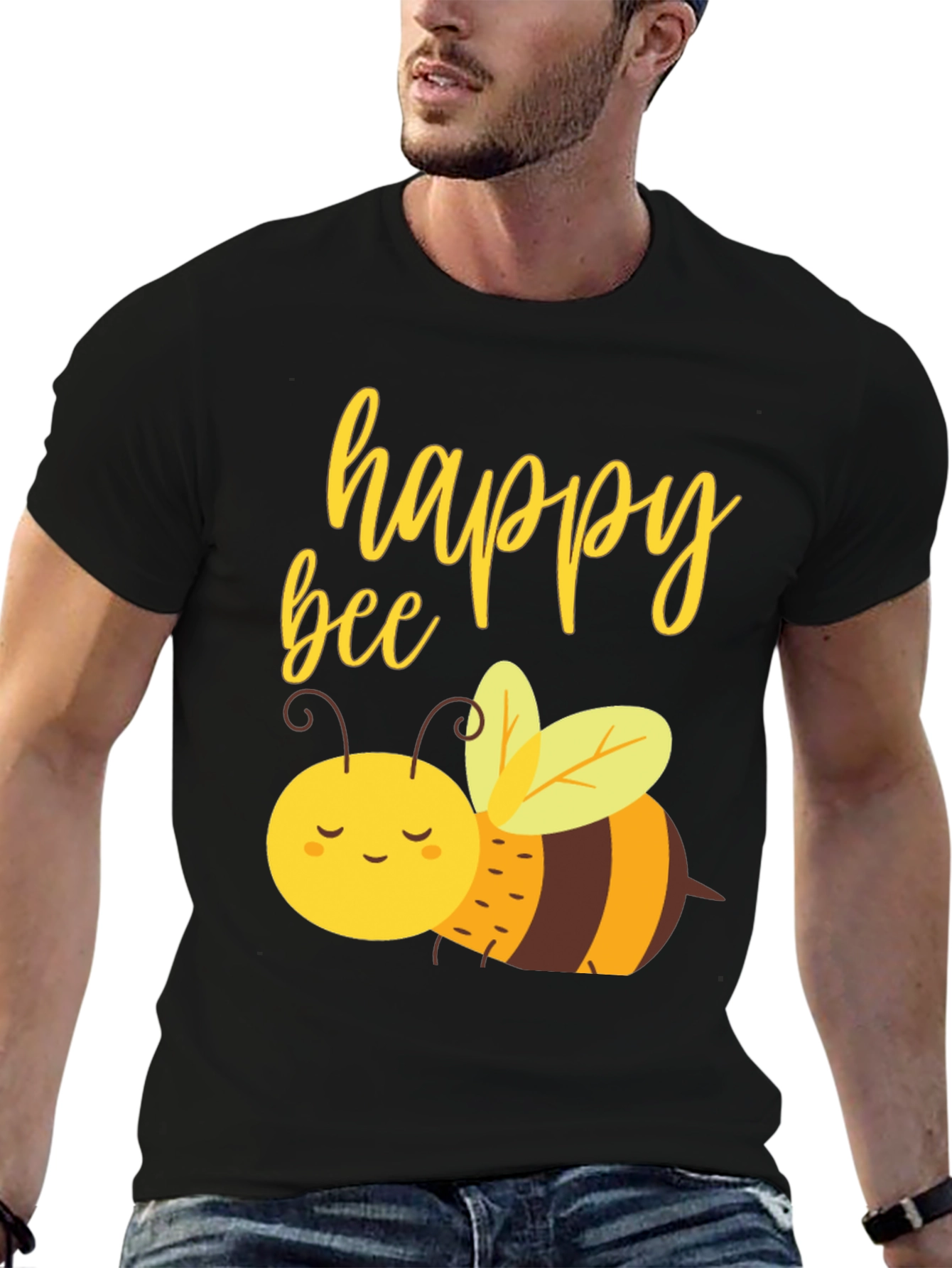 Happy Bee Graphic Tee - Black Cotton Comfort