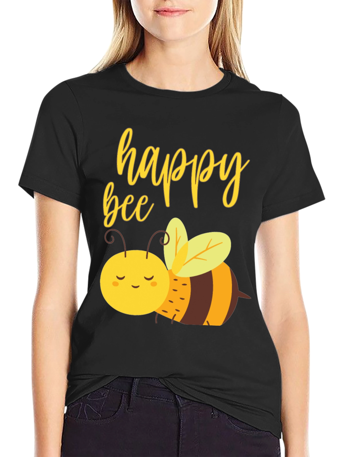 Happy Bee Graphic Tee - Black Cotton Comfort