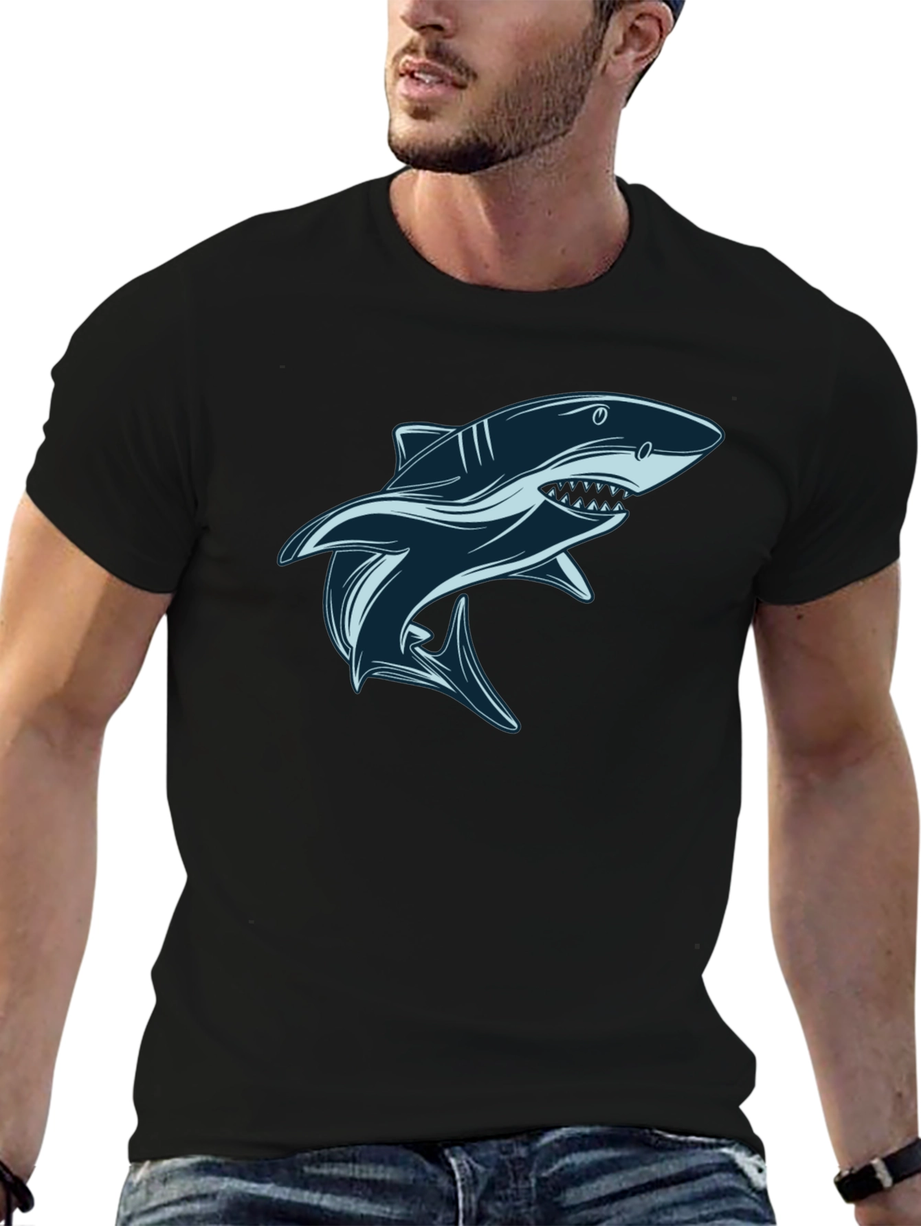 Shark Graphic Tee - Black Cotton T-Shirt