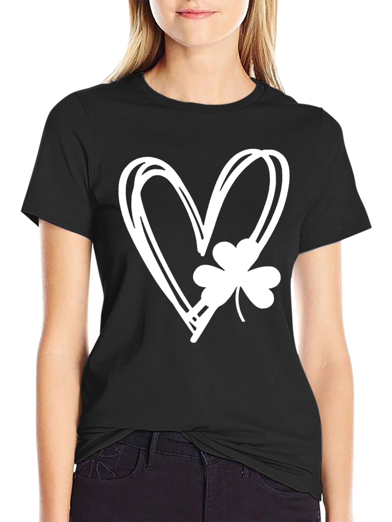 Lucky Heart Shamrock Graphic Tee - Black Cotton T-Shirt