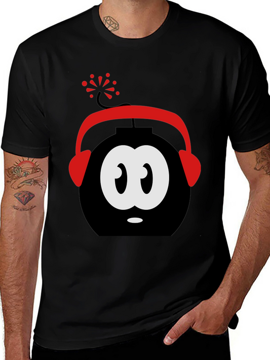 Funny Cartoon Bomb Headphones Black T-Shirt