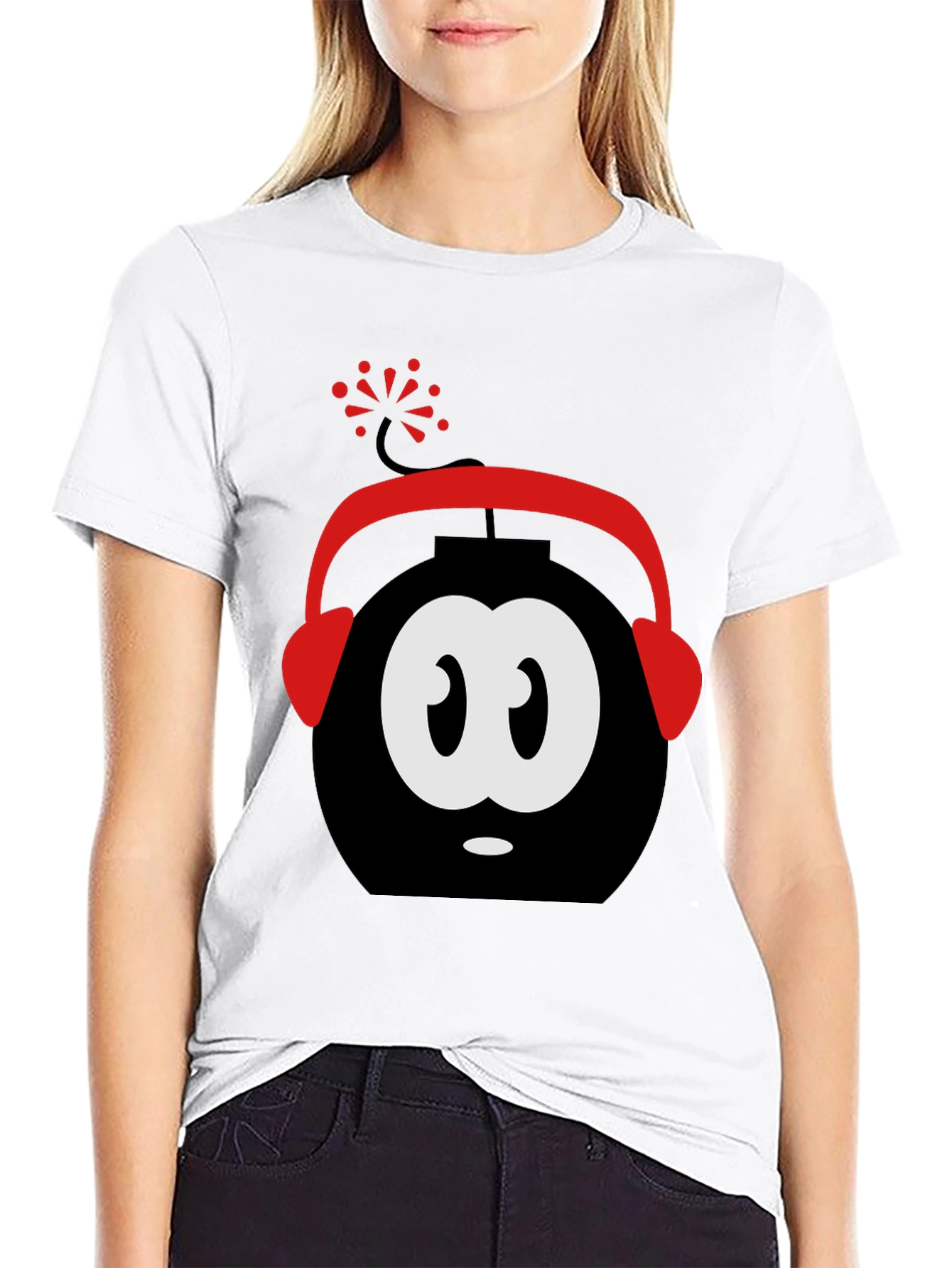 Funny Cartoon Bomb Headphones Black T-Shirt
