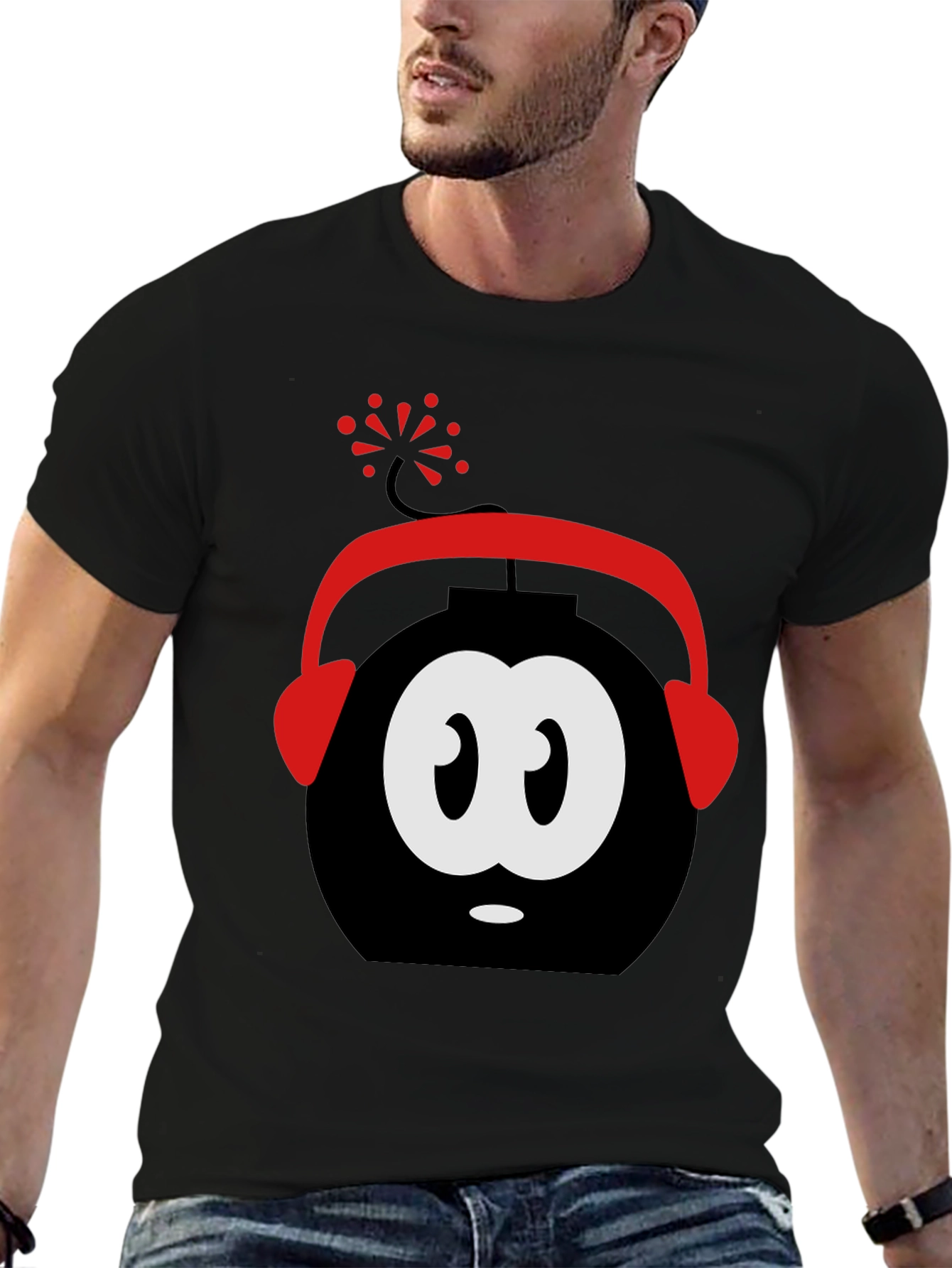 Funny Cartoon Bomb Headphones Black T-Shirt